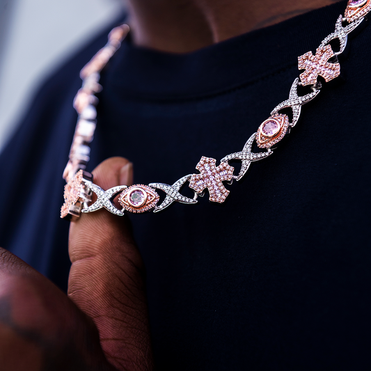 Baguette Cross Evil Eye Chain in Rose Gold - 16mm