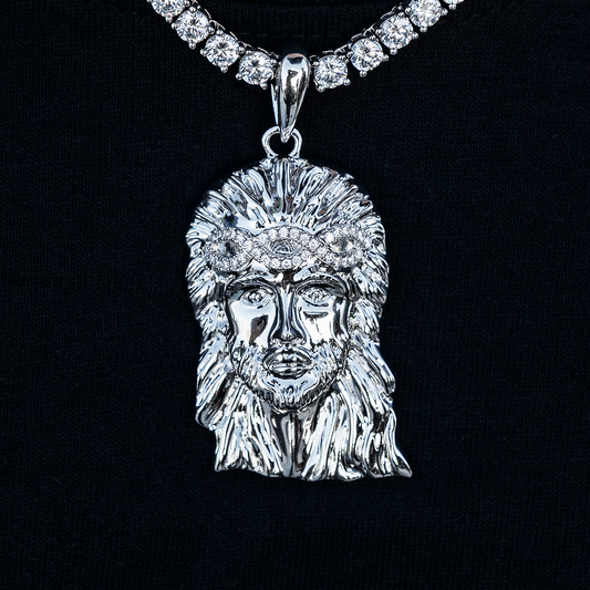 Large Diamond Crown Portrait of Jesus Pendant in White Gold