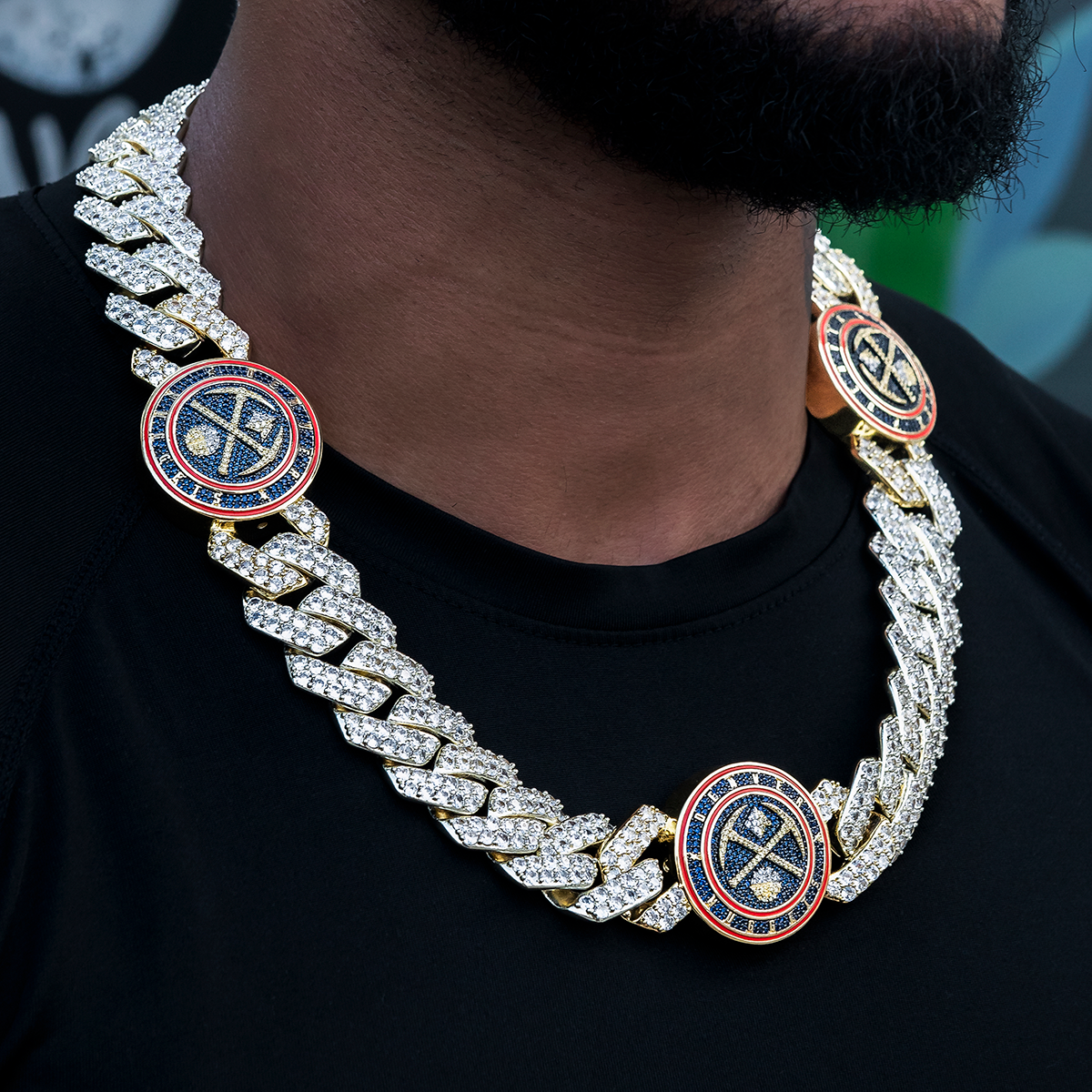 Denver Nuggets Official NBA Diamond Prong Cuban Chain in Yellow Gold- 25mm