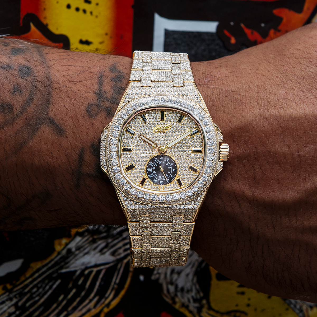 39MM Visionary Fully Iced Case & Steel Band Watch - Yellow Gold