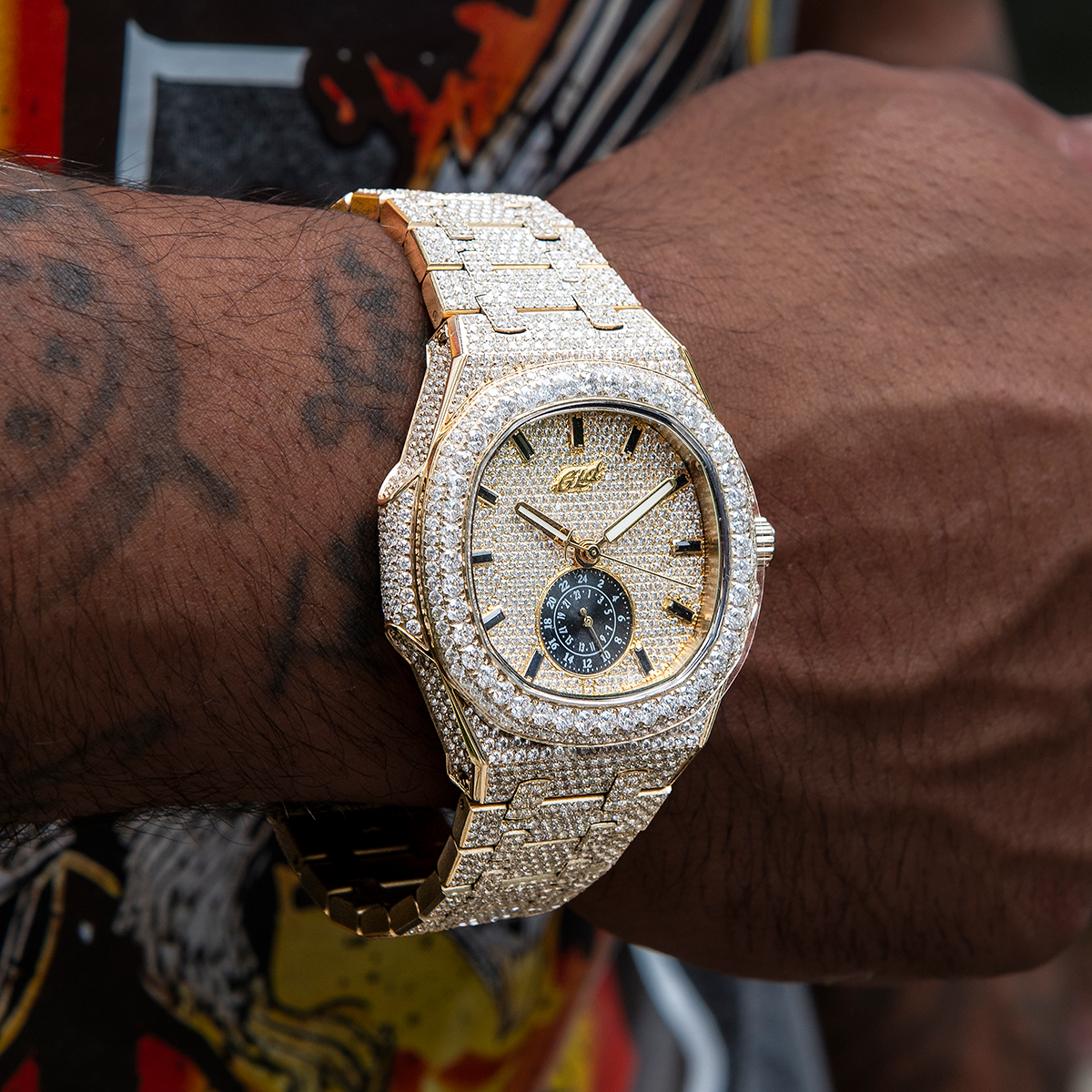 39MM Visionary Fully Iced Case & Steel Band Watch - Yellow Gold