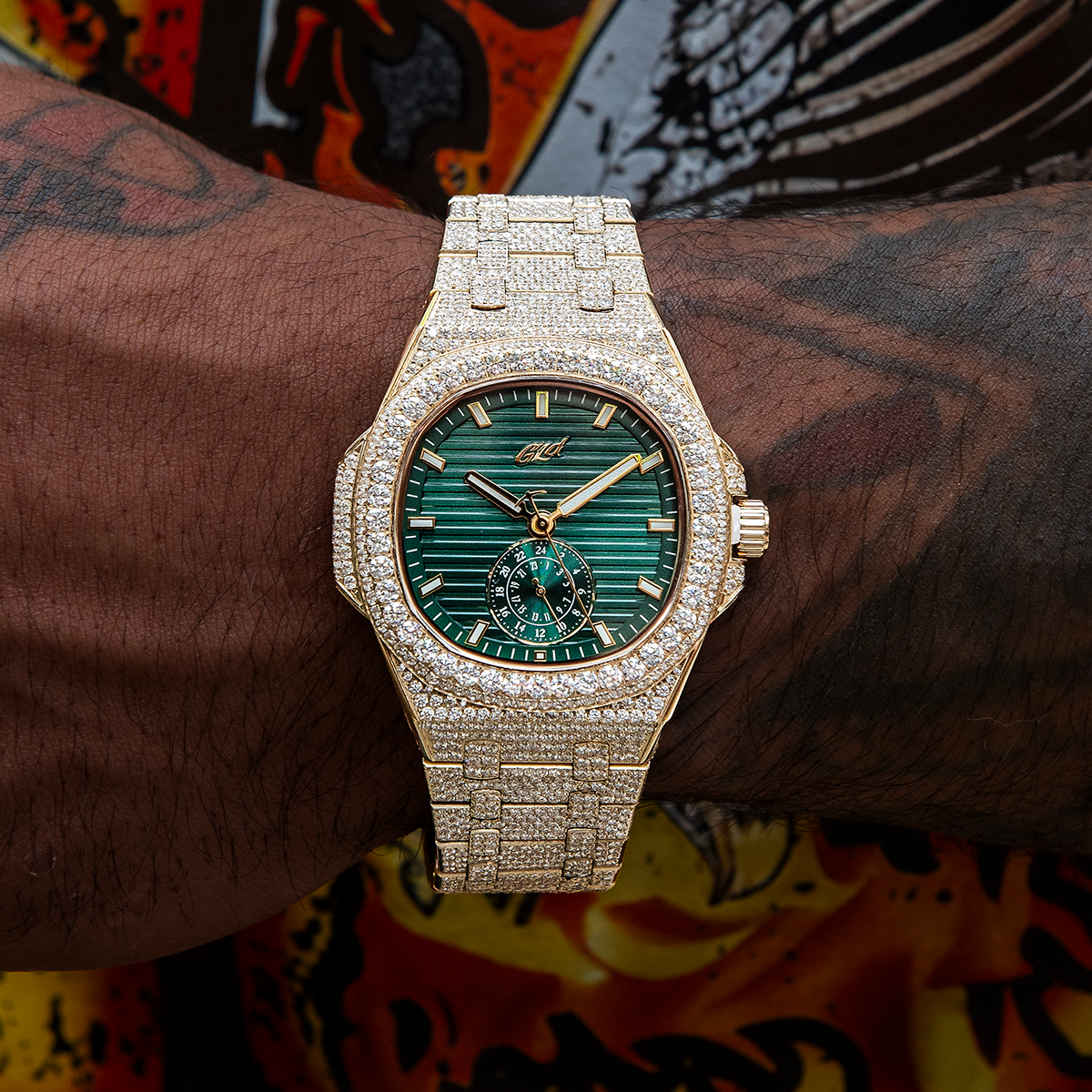 39MM Visionary Fully Iced Case & Green Dial Watch - Yellow Gold