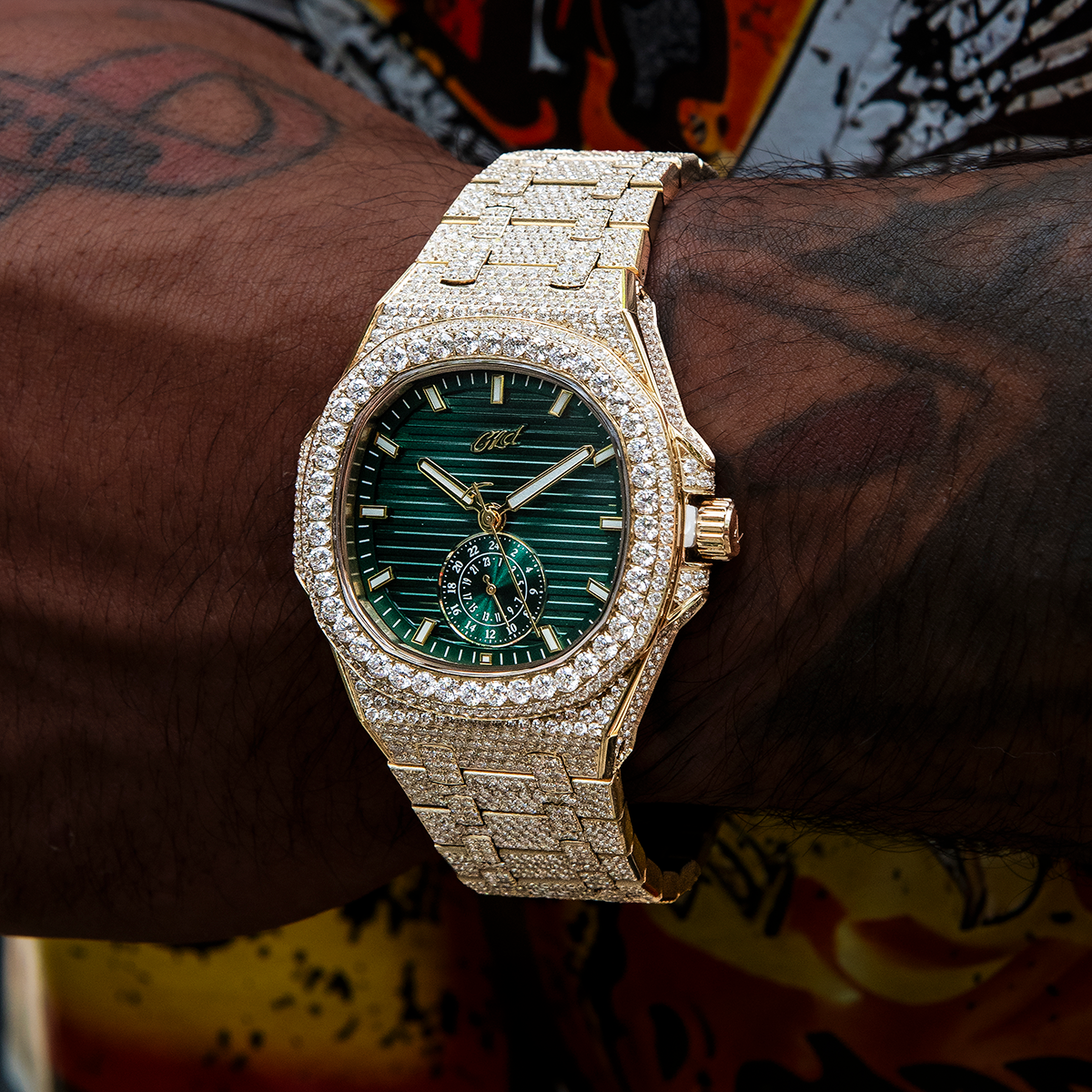 39MM Visionary Fully Iced Case & Green Dial Watch - Yellow Gold