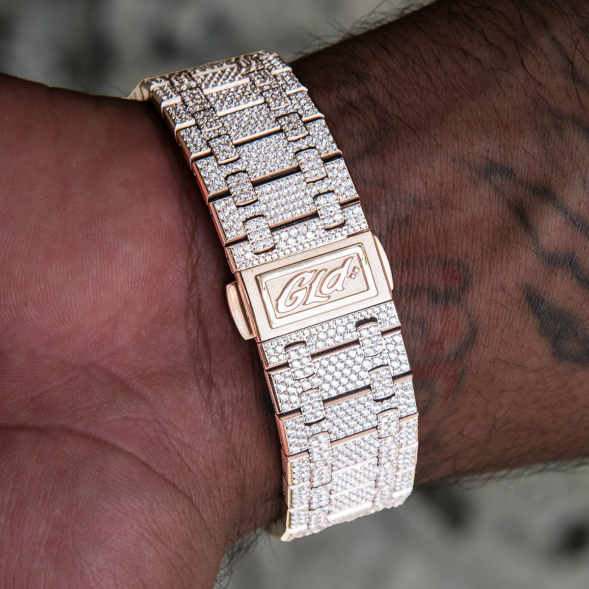 39MM Visionary Fully Iced Case & Green Dial Watch - Rose Gold