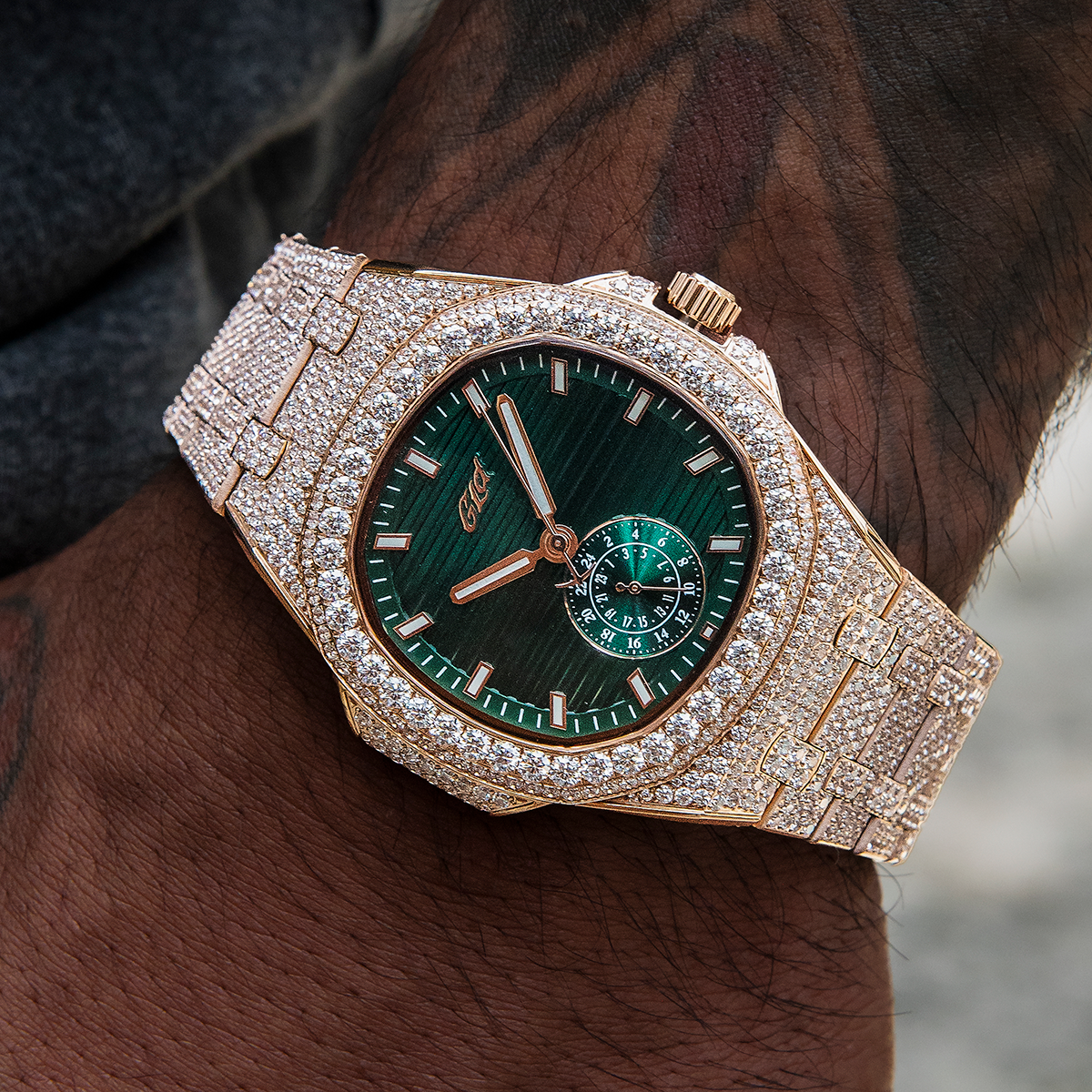 39MM Visionary Fully Iced Case & Green Dial Watch - Rose Gold