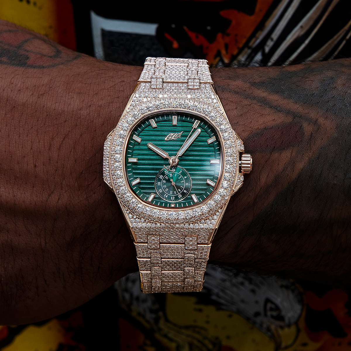 39MM Visionary Fully Iced Case & Green Dial Watch - Rose Gold