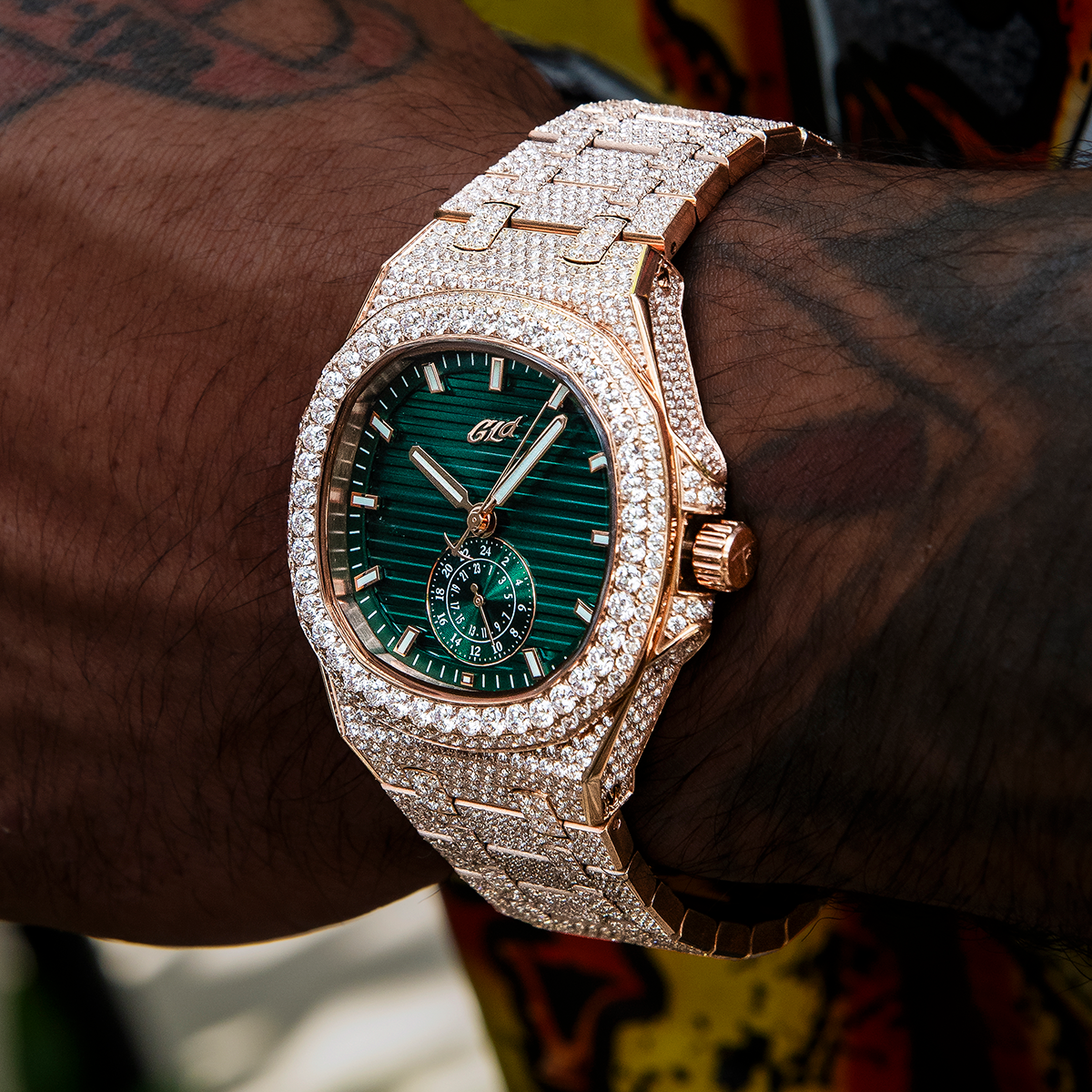 39MM Visionary Fully Iced Case & Green Dial Watch - Rose Gold