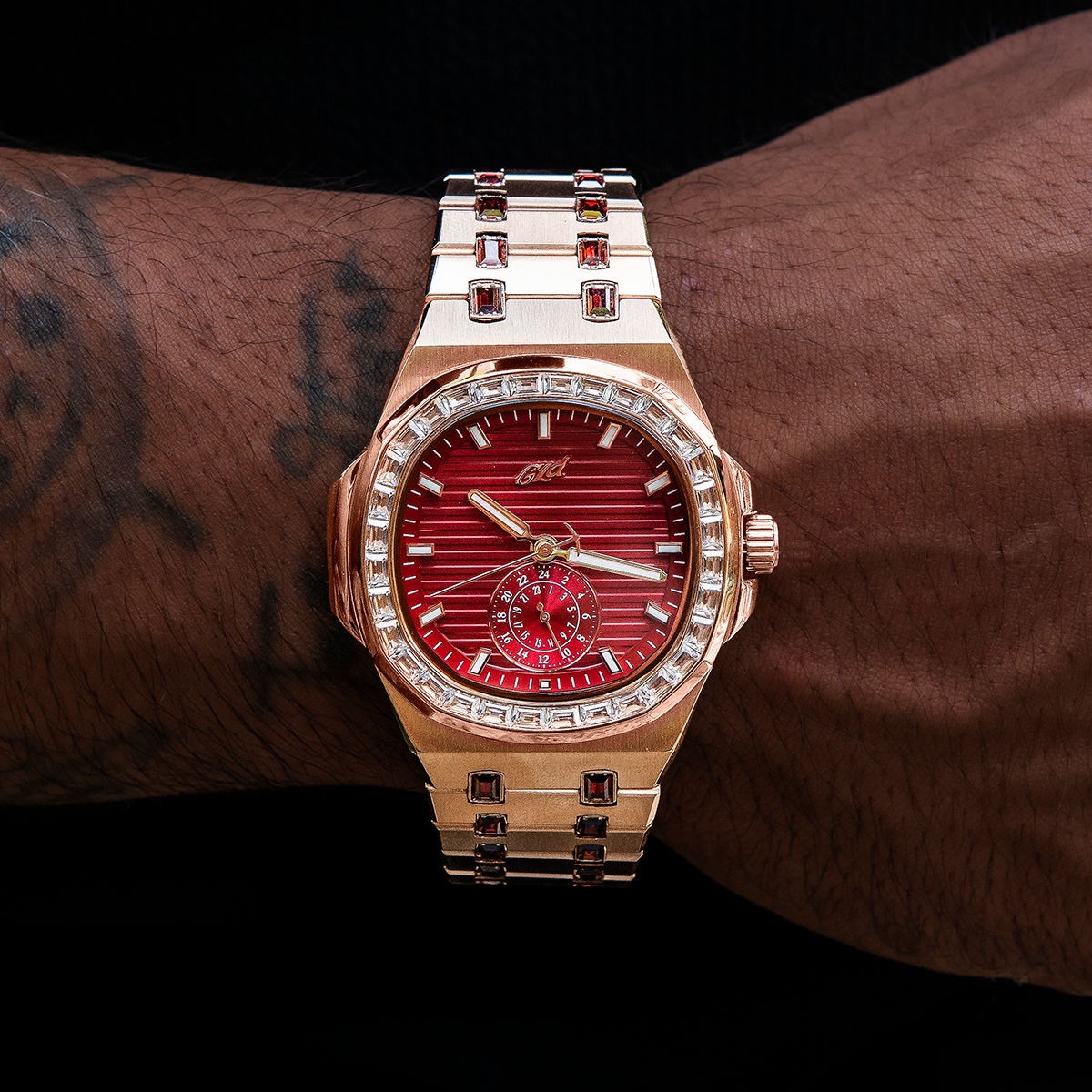 39MM Visionary Iced Ruby Stone Steel Band Watch - Rose Gold