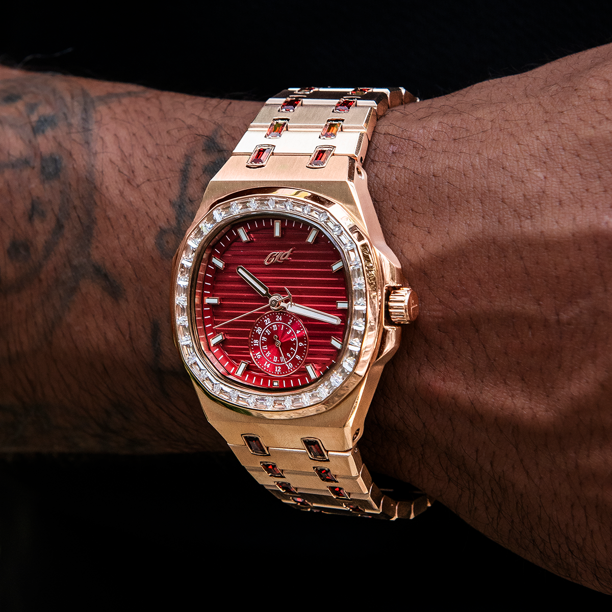 39MM Visionary Iced Ruby Stone Steel Band Watch - Rose Gold