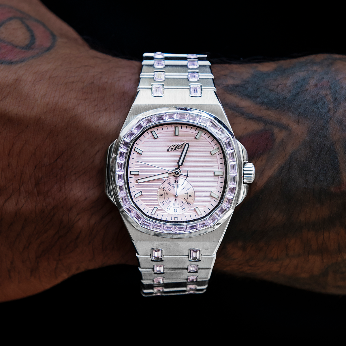 39MM Visionary Iced Pink Stone Band Watch - White Gold