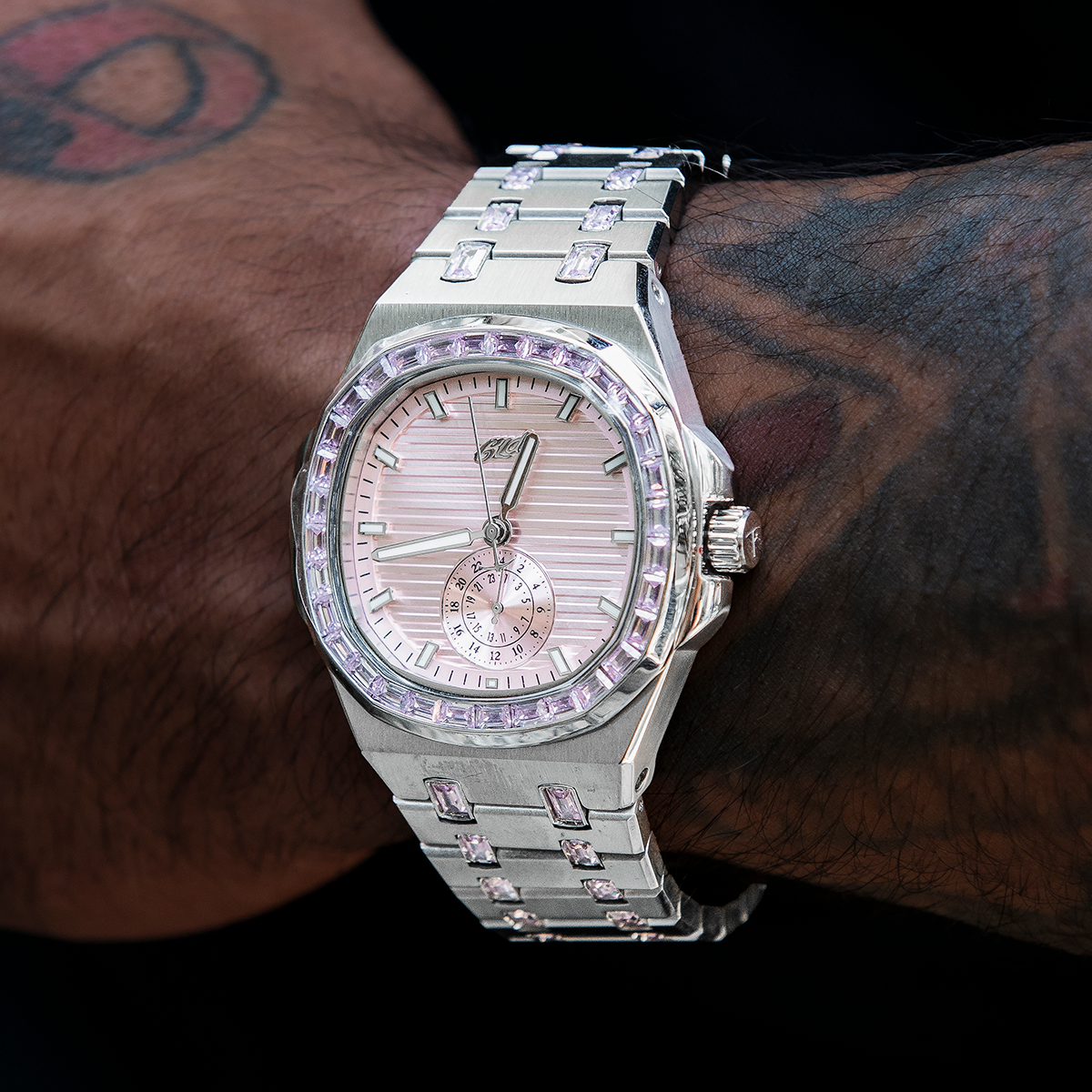 39MM Visionary Iced Pink Stone Band Watch - White Gold