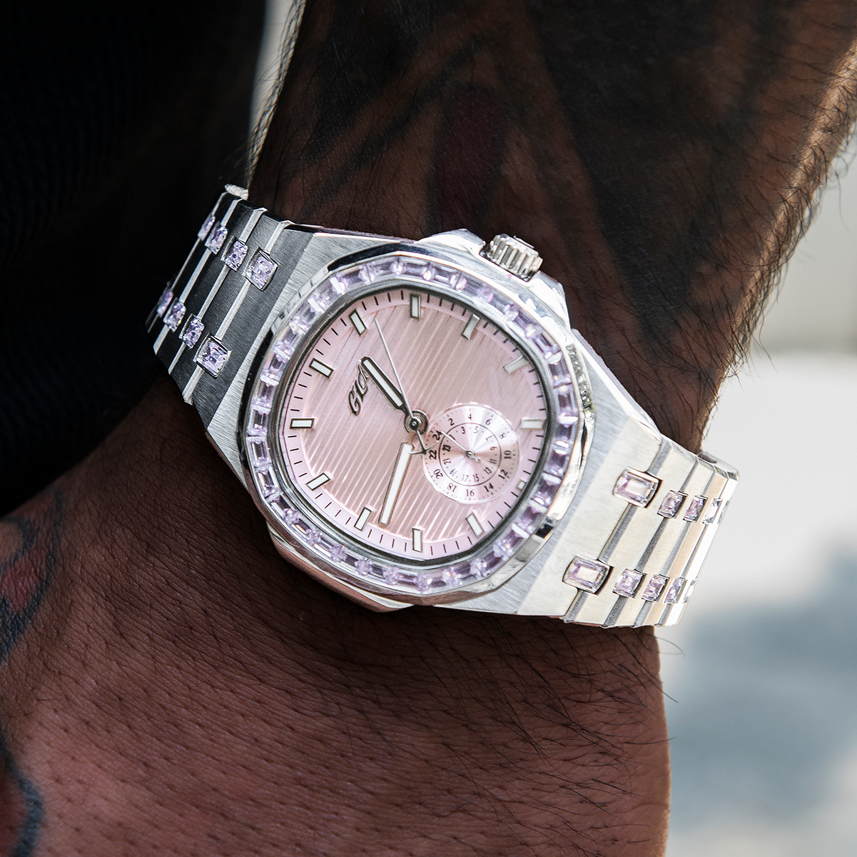 39MM Visionary Iced Pink Stone Band Watch - White Gold