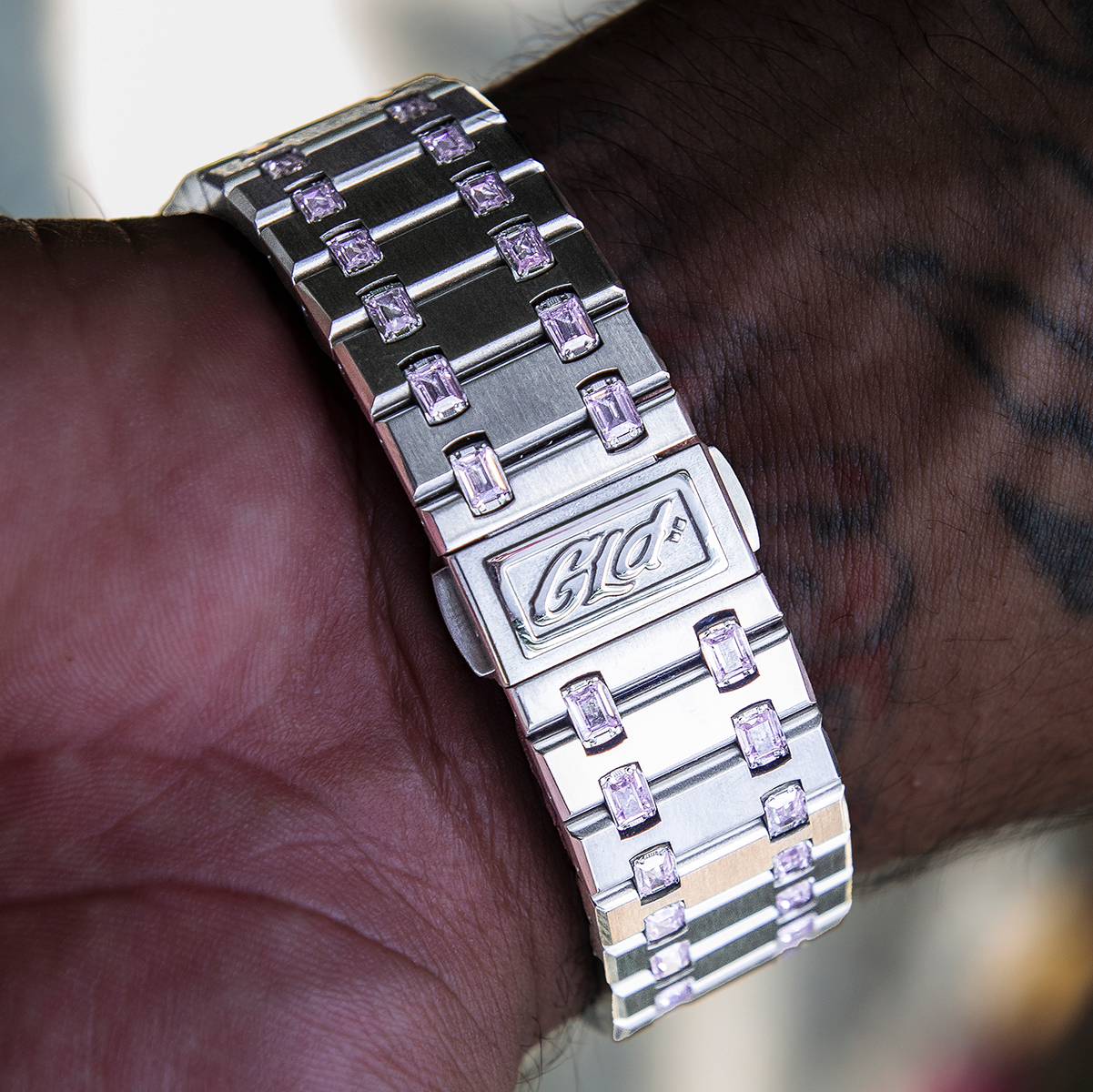 39MM Visionary Iced Pink Stone Band Watch - White Gold