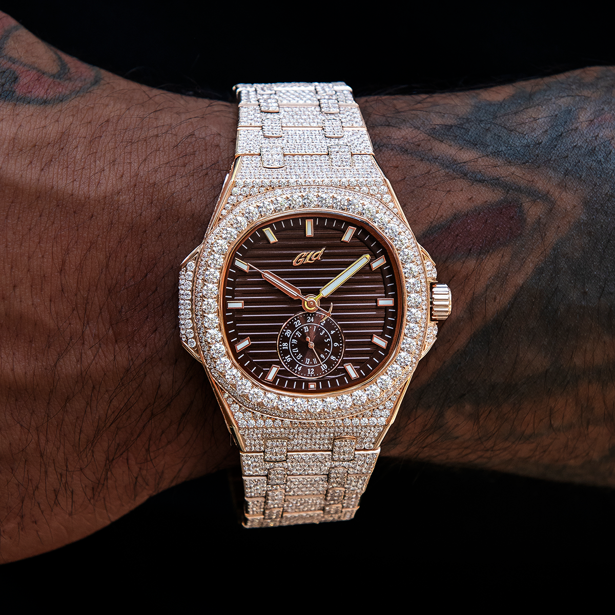 39MM Visionary Fully Iced Case & Chocolate Dial Watch - Rose Gold