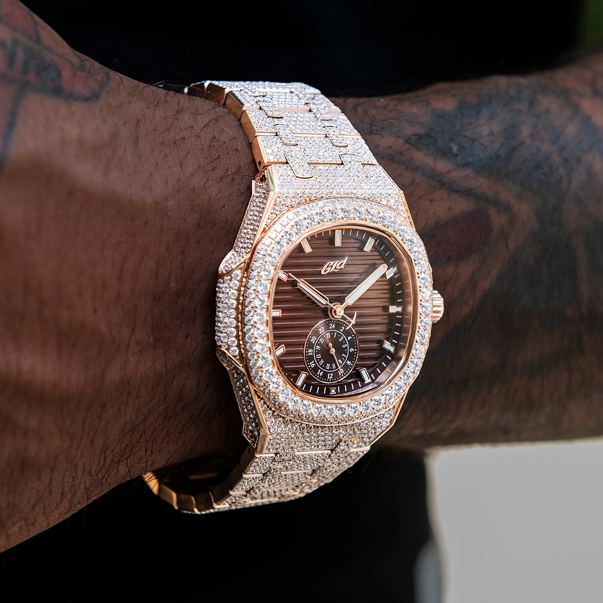 39MM Visionary Fully Iced Case & Chocolate Dial Watch - Rose Gold