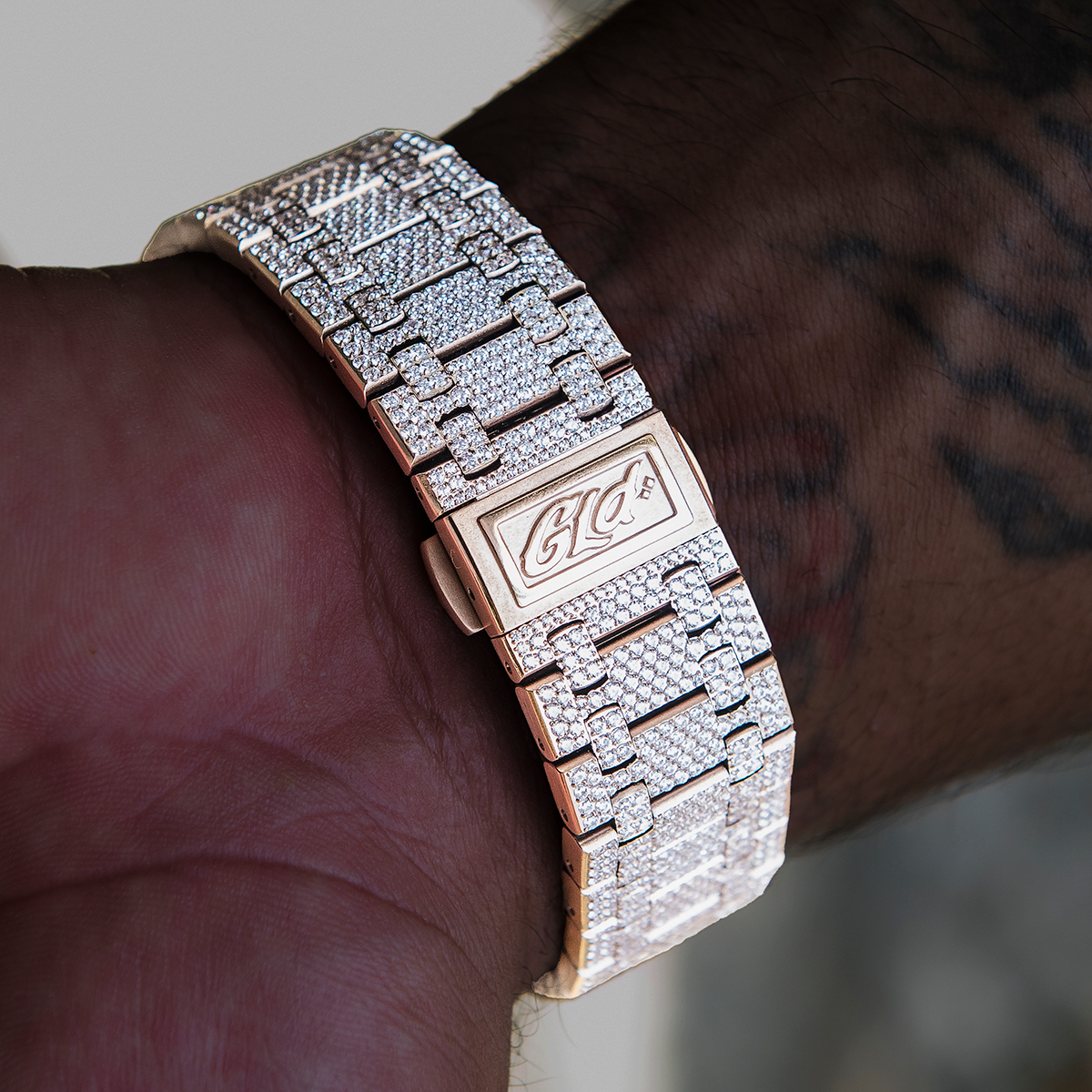 39MM Visionary Fully Iced Case & Chocolate Dial Watch - Rose Gold