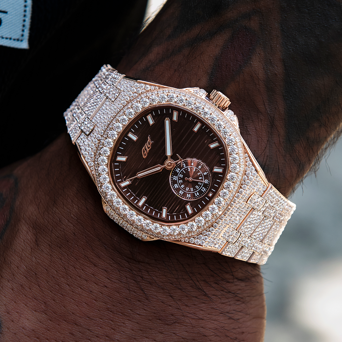 39MM Visionary Fully Iced Case & Chocolate Dial Watch - Rose Gold