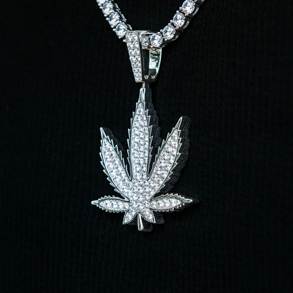 Large Diamond Weed Leaf Pendant - White Gold