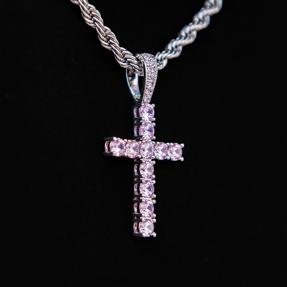 Pink Stone Diamond Cross Pendant in White Gold