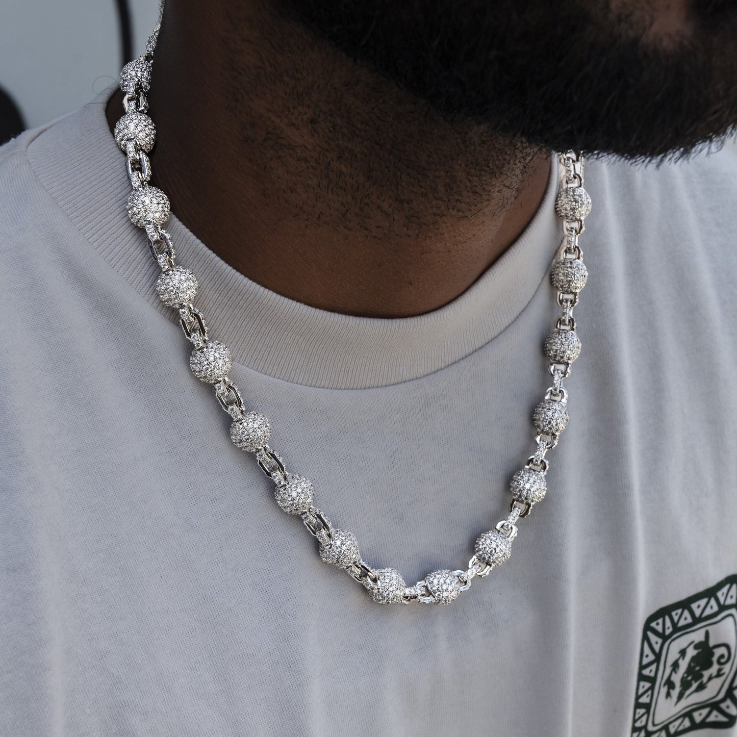 12MM Iced Ball Chain in White Gold