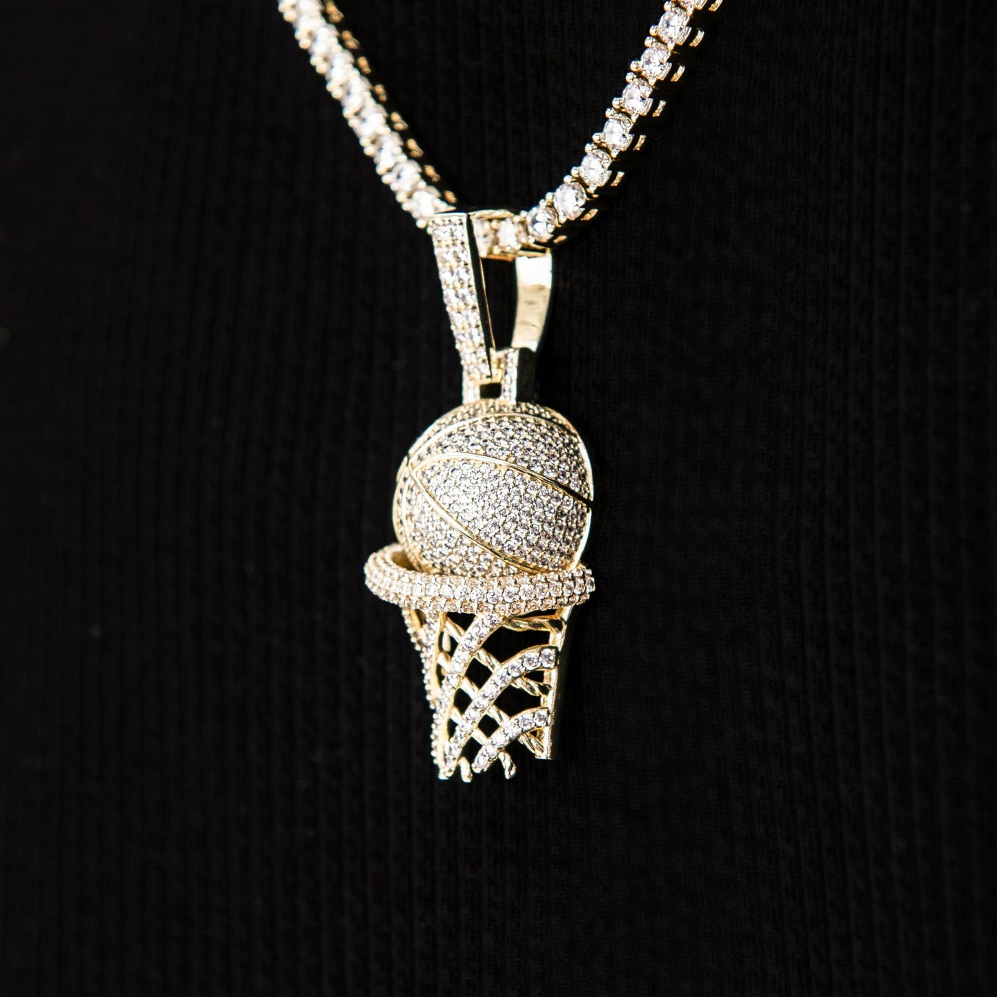 Iced Basketball Hoop Pendant in Yellow Gold