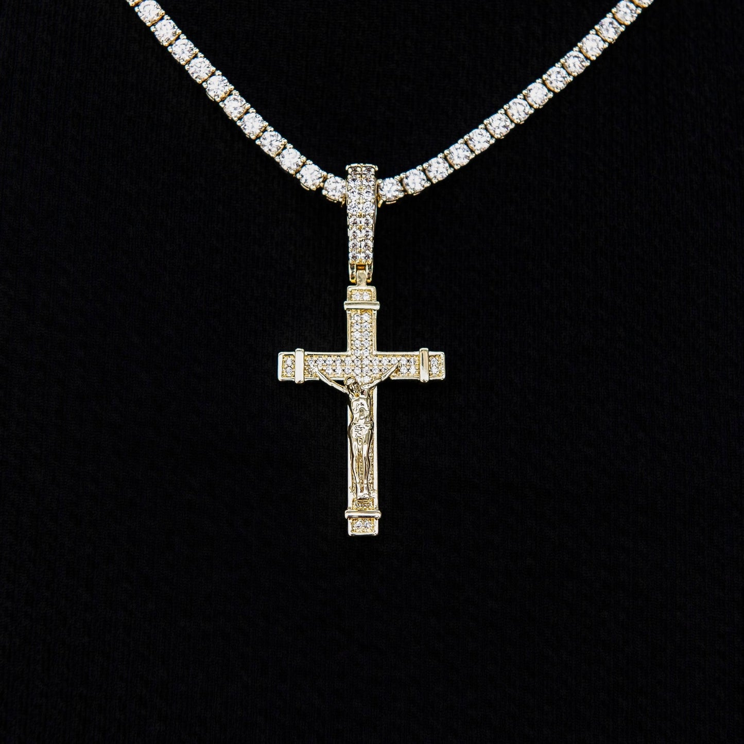 Iced Flat Crucifix Cross Pendant in Yellow Gold