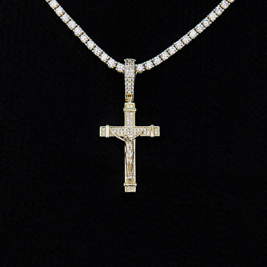 Iced Flat Crucifix Cross Pendant in Yellow Gold