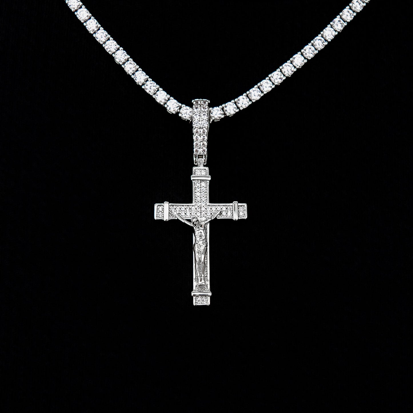 Iced Flat Crucifix Cross Pendant in White Gold