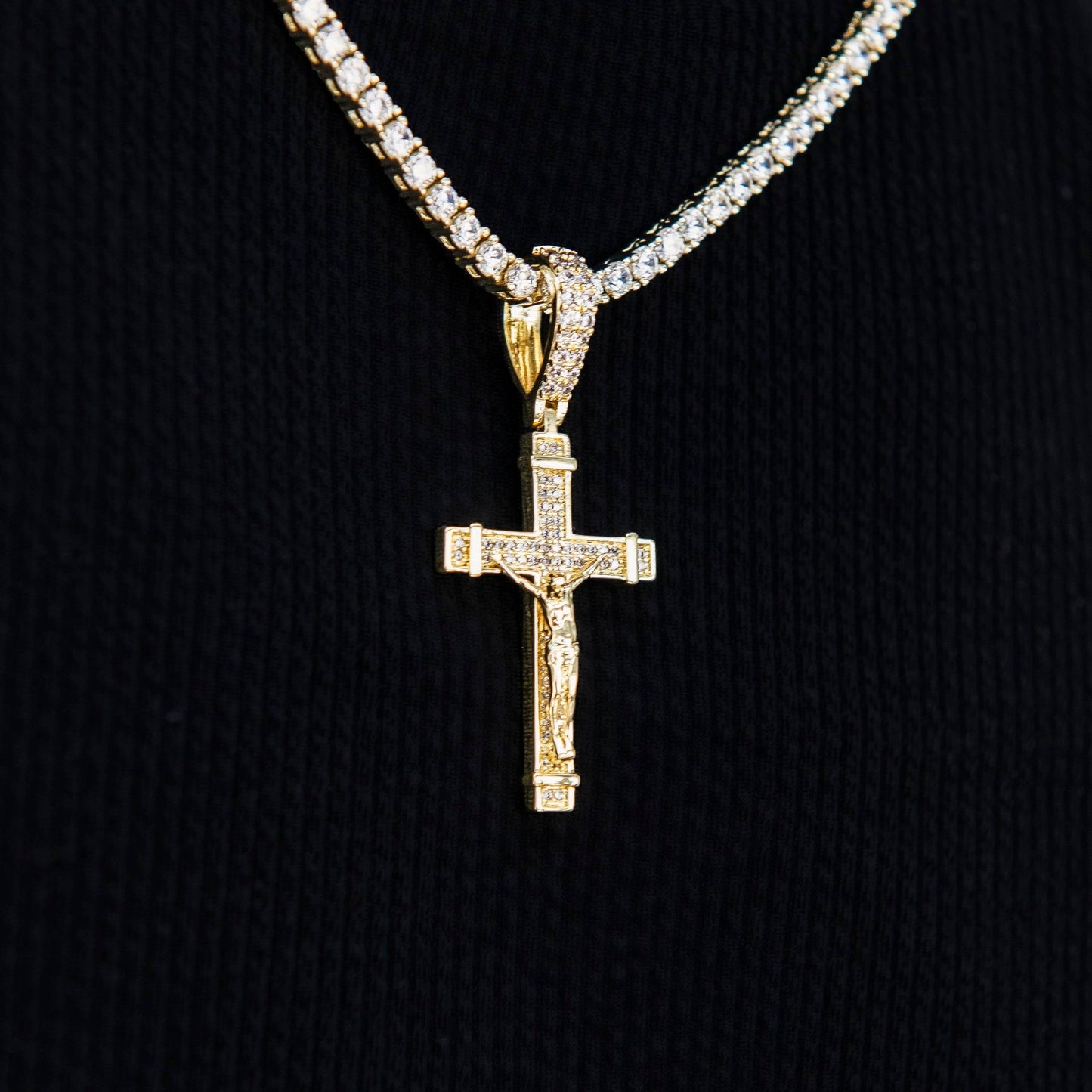 Iced Flat Crucifix Cross Pendant in Yellow Gold