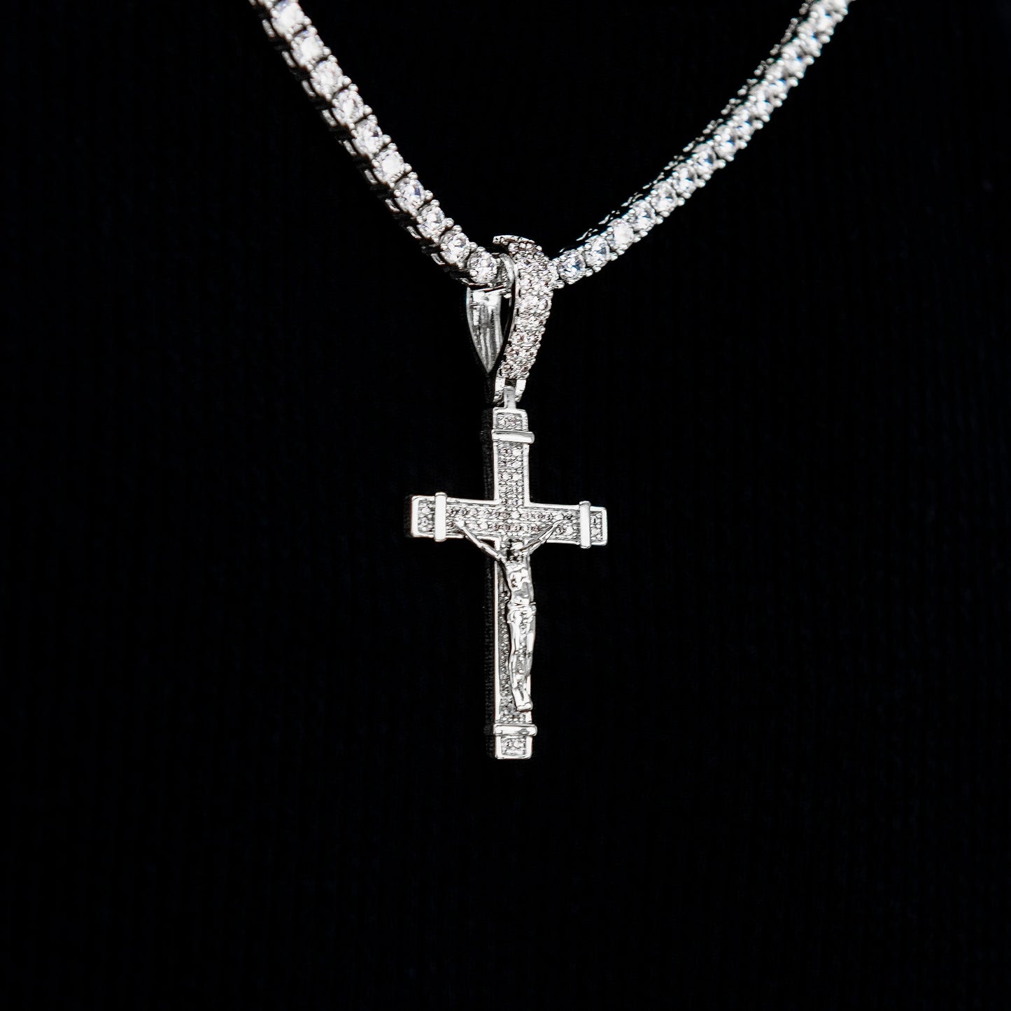 Iced Flat Crucifix Cross Pendant in White Gold