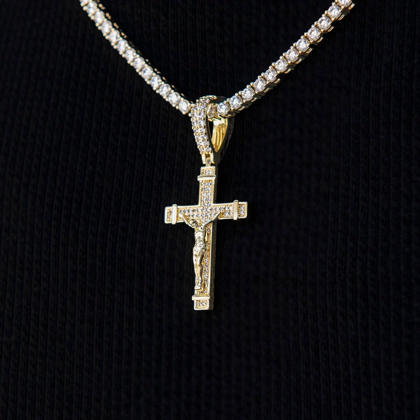 Iced Flat Crucifix Cross Pendant in Yellow Gold