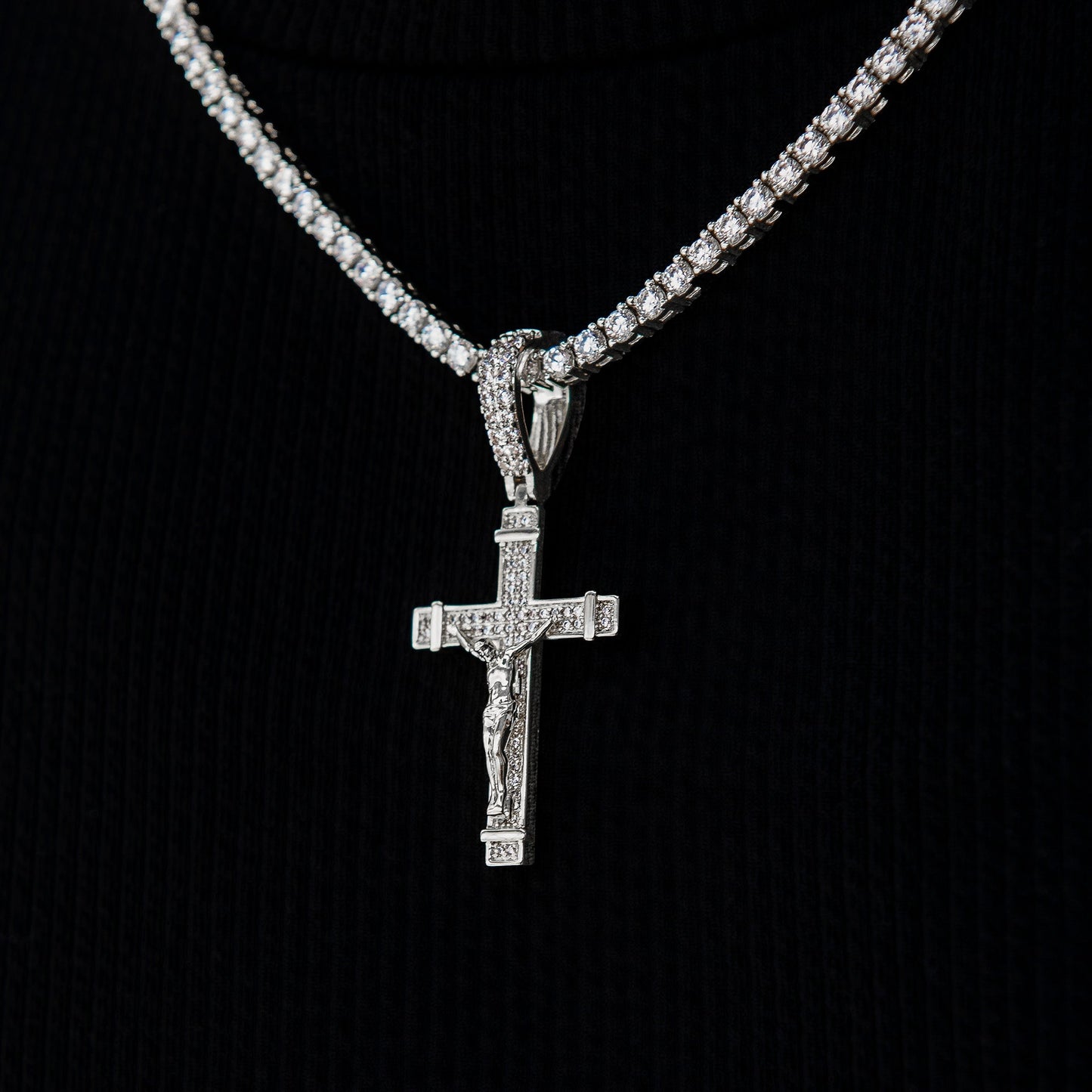 Iced Flat Crucifix Cross Pendant in White Gold