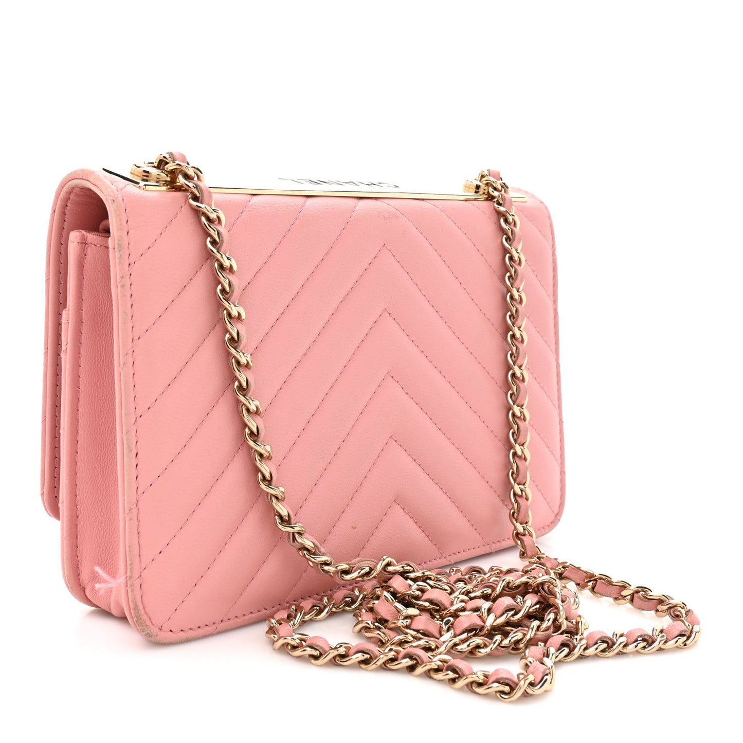 Lambskin Chevron Quilted Trendy CC Wallet On Chain WOC Pink