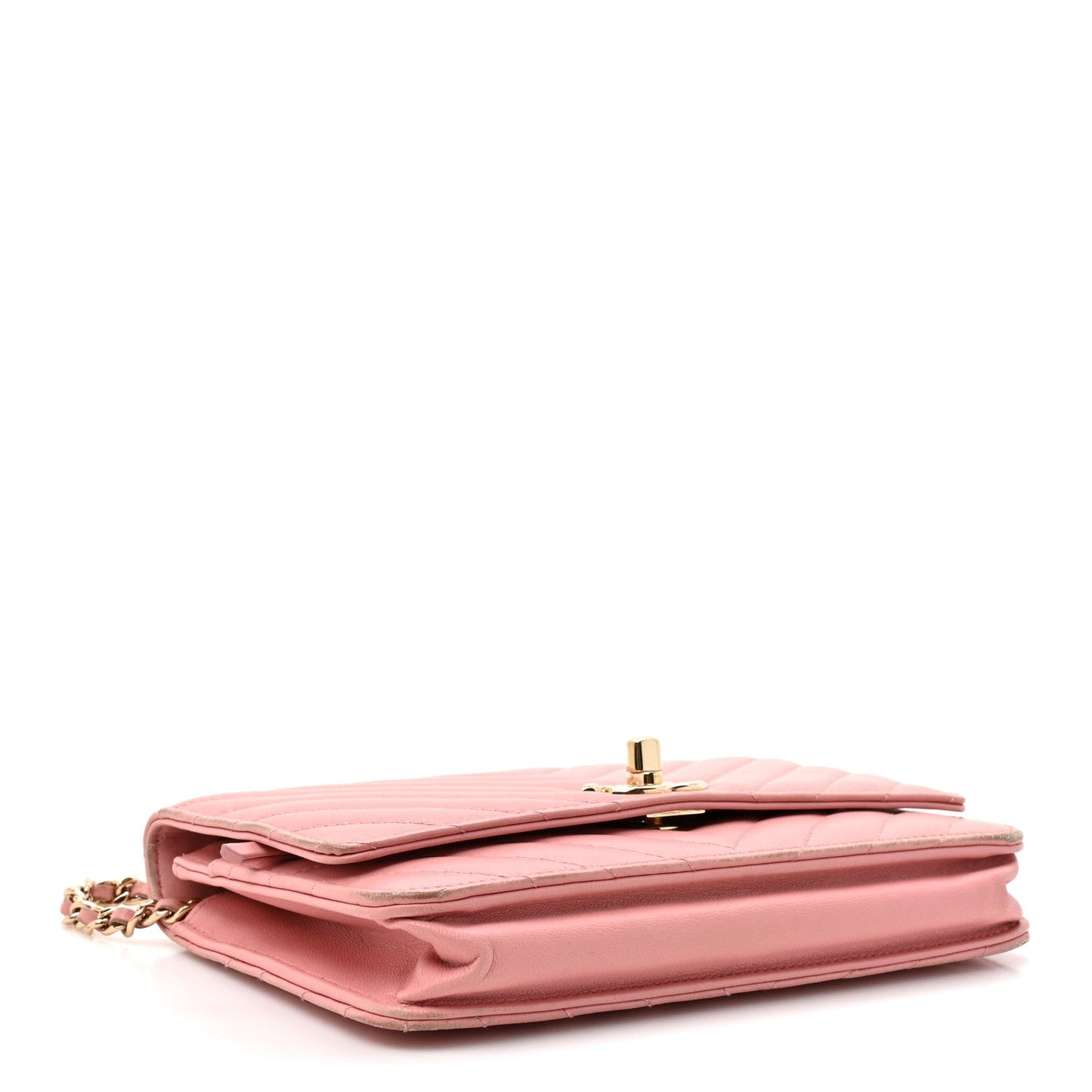 Lambskin Chevron Quilted Trendy CC Wallet On Chain WOC Pink