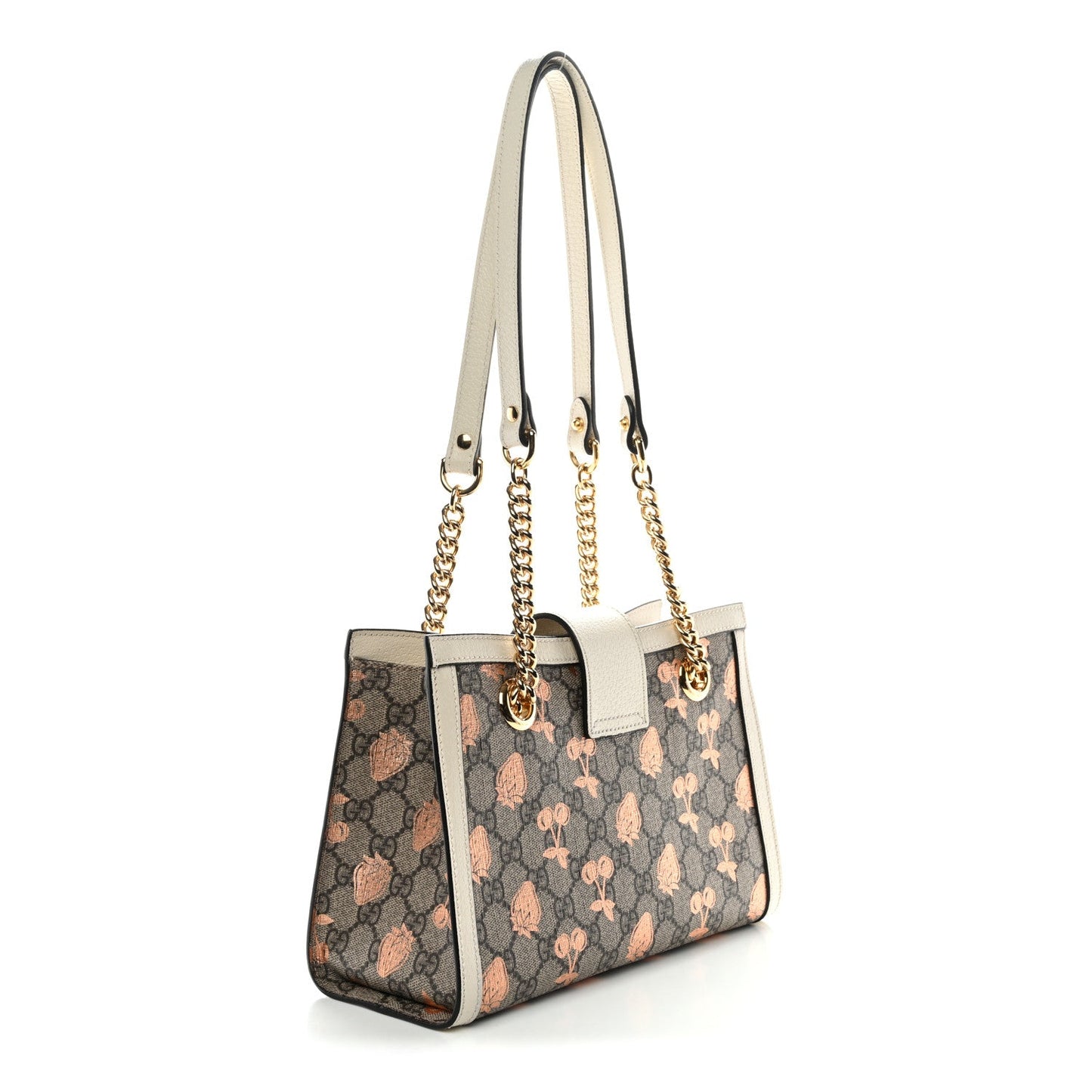 GG Supreme Monogram Berry Textured Dollar Calfskin Small Padlock Tote Beige Ebony Light Copper Mystic White