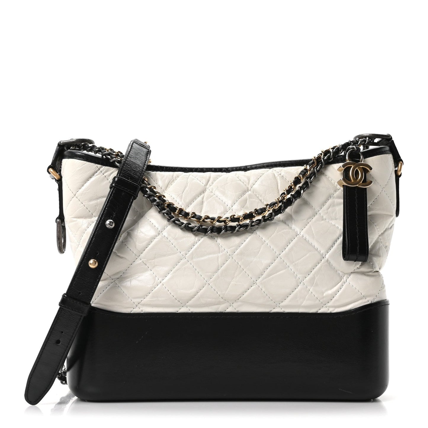 Aged Calfskin Quilted Medium Gabrielle Hobo Black White