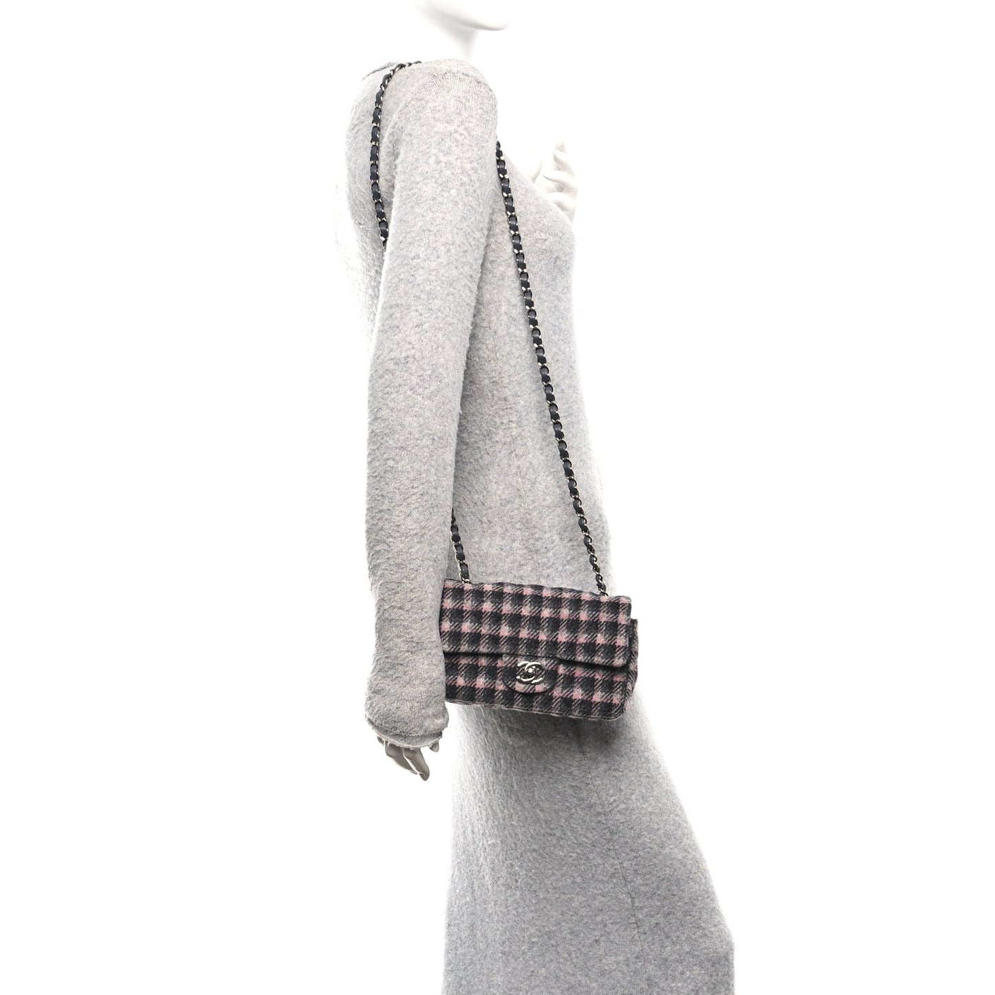 Wool Plaid Quilted Mini Rectangular Flap Pink Grey Multicolor