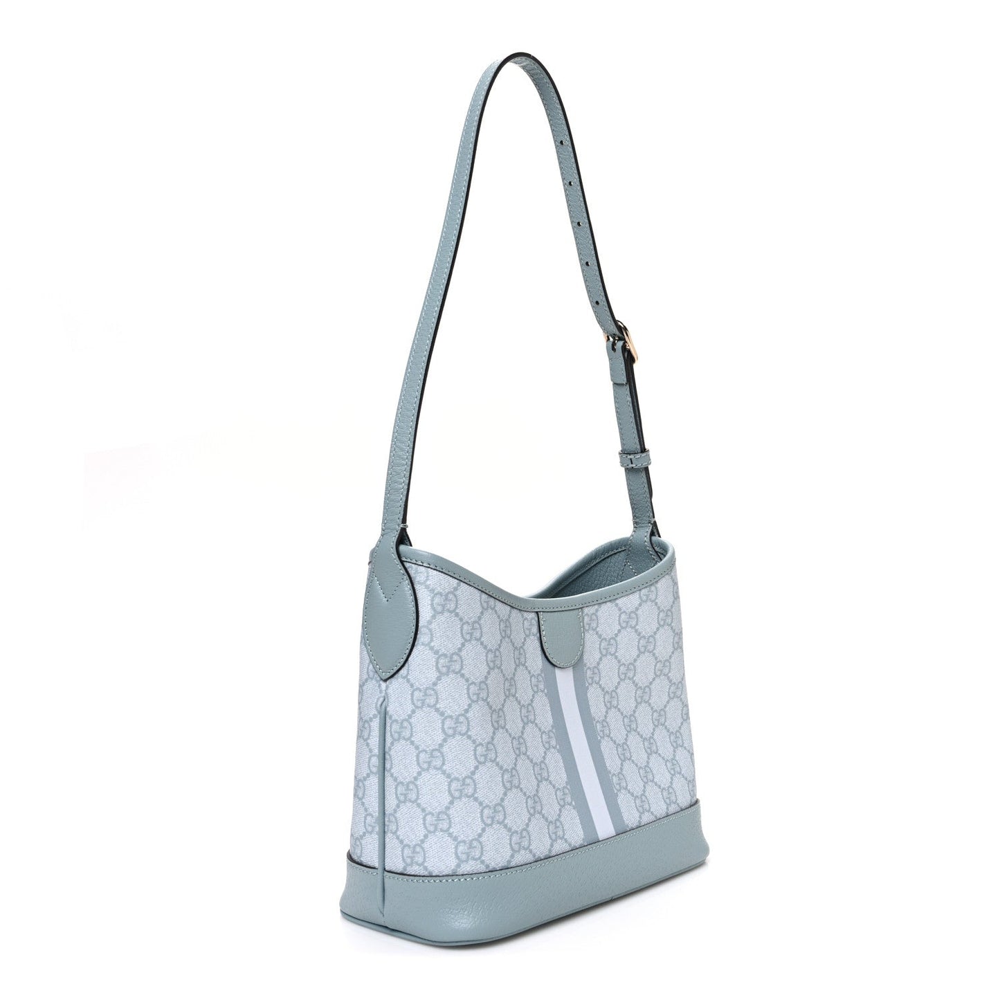 GG Supreme Monogram Textured Dollar Calfskin Web Small Ophidia Bucket Shoulder Bag Dusty Blue