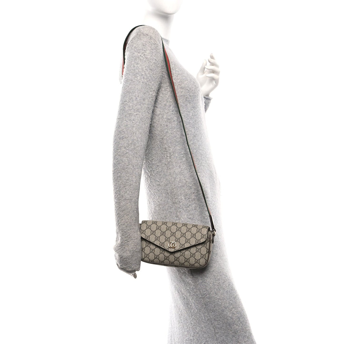 GG Supreme Monogram Textured Dollar Calfskin Web Mini Ophidia Envelope Shoulder Bag Beige Ebony New Acero