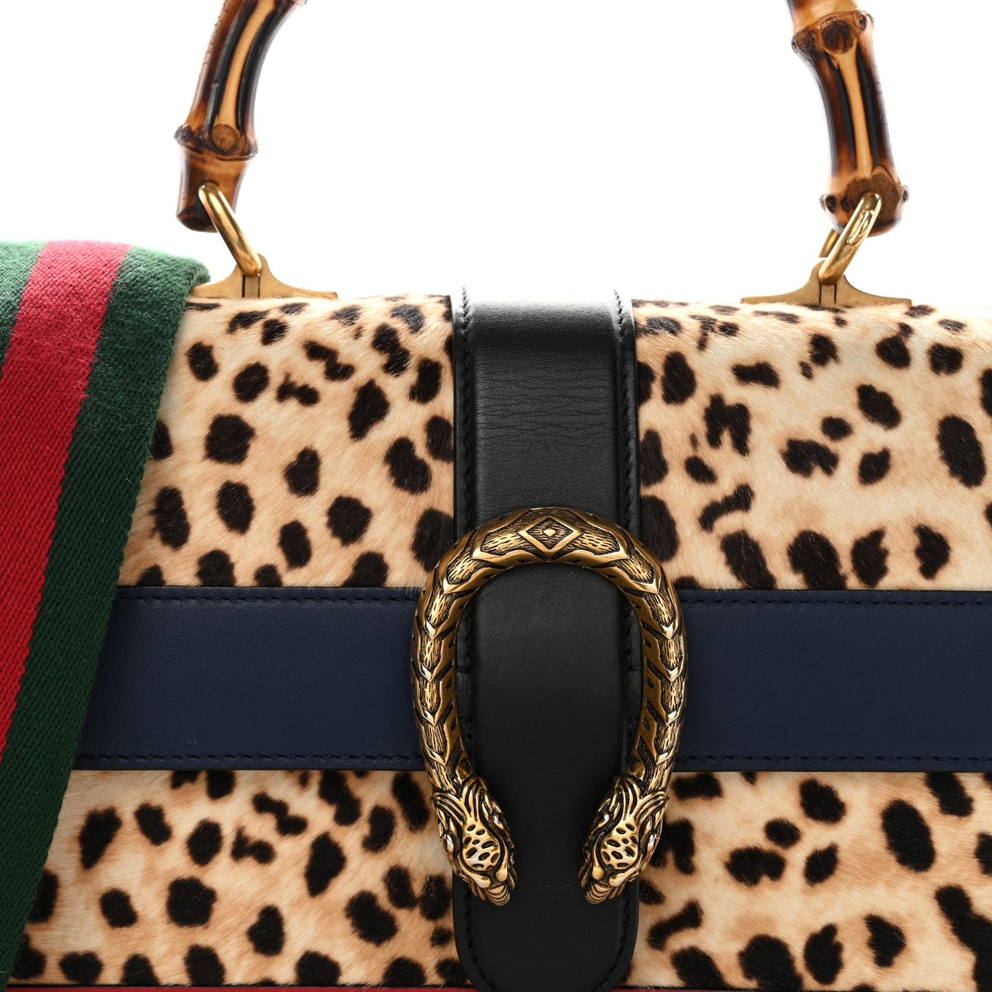 Calf Hair Calfskin Bamboo Web Leopard Print Medium Dionysus Top Handle Bag Natural Blue Agata Hibiscus Red