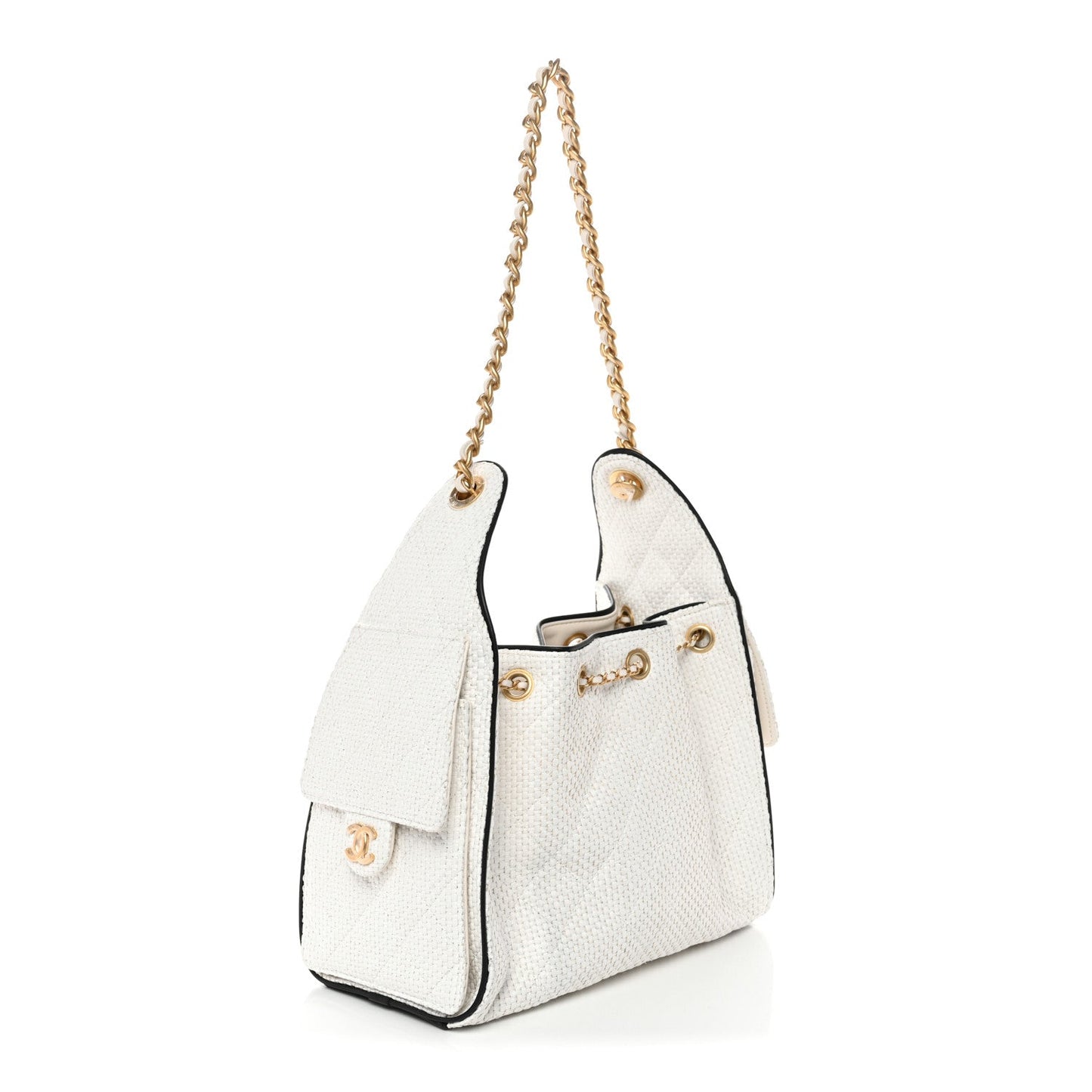 Braided Raffia Calfskin Quilted Small Chanel 25 Handbag White Black