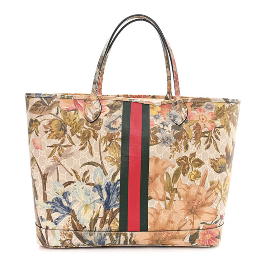 GG Supreme Monogram Water Flora Web Large Ophidia Tote Beige White Multicolor