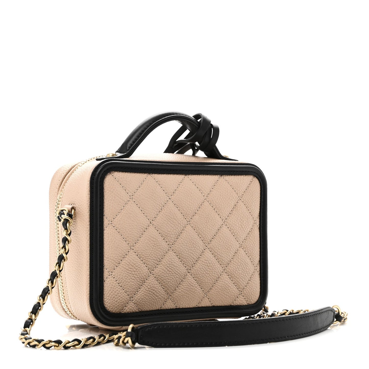 Caviar Quilted Small CC Filigree Vanity Case Beige Black