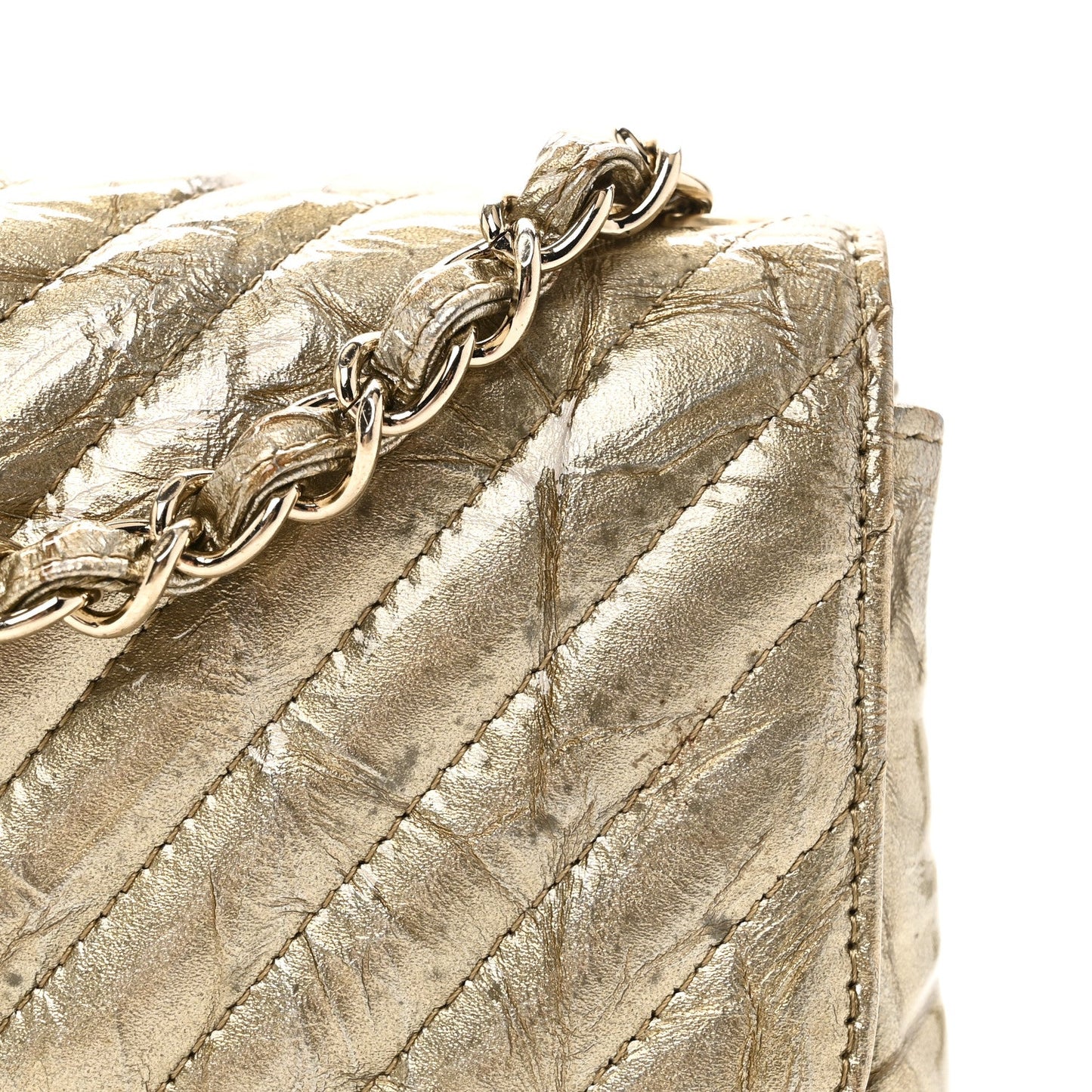 Patent Metallic Crumpled Calfskin Chevron Quilted Mini Square Flap Gold