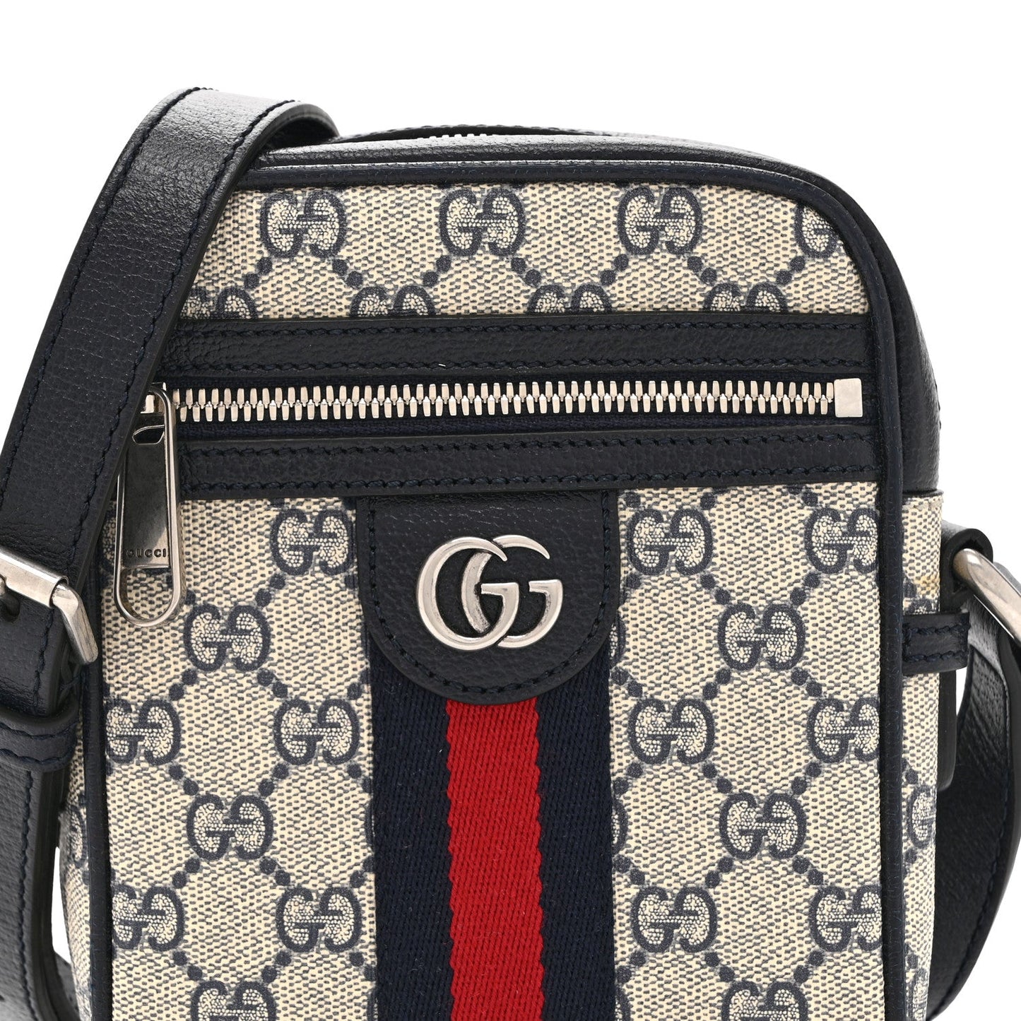 GG Supreme Monogram Textured Calfskin Web Mini Ophidia Messenger Beige Blue