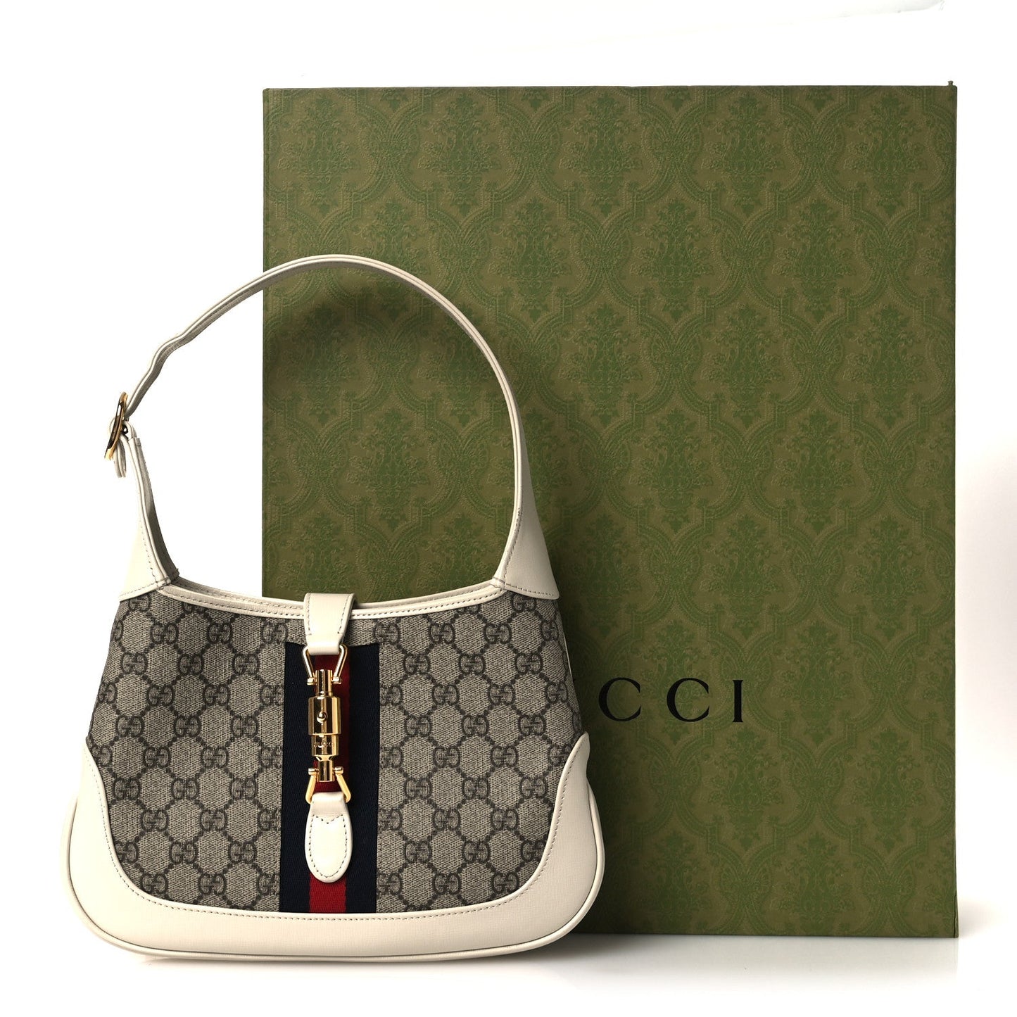 GG Supreme Monogram Azalea Calfskin Web Small Jackie 1961 Hobo Beige Ebony Mystic White