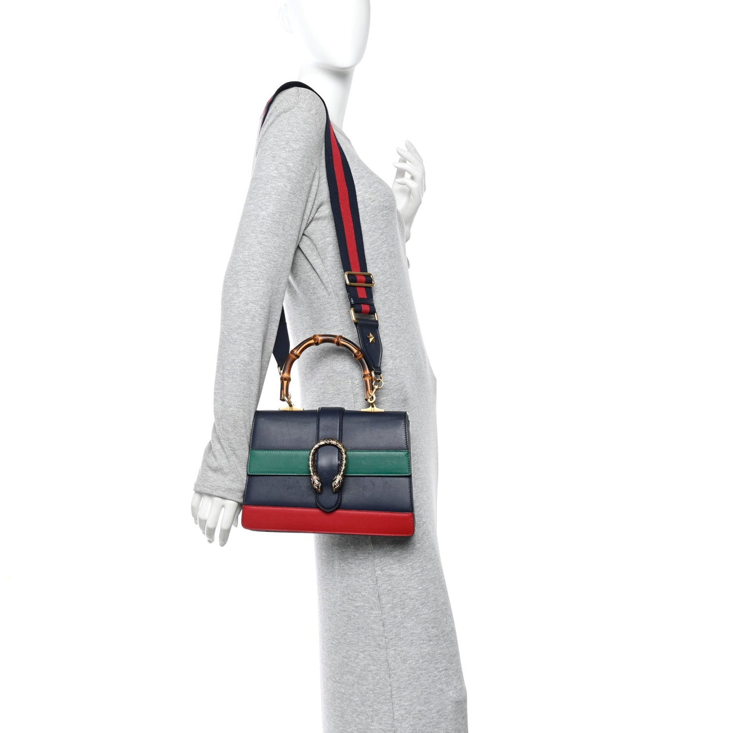 Moon Calfskin Bamboo Web Medium Dionysus Top Handle Bag Blue Emerald Hibiscus Red