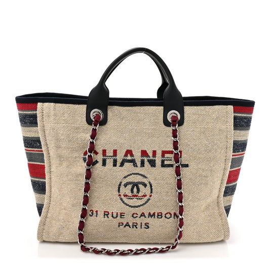 Striped Canvas Medium Deauville Tote Beige