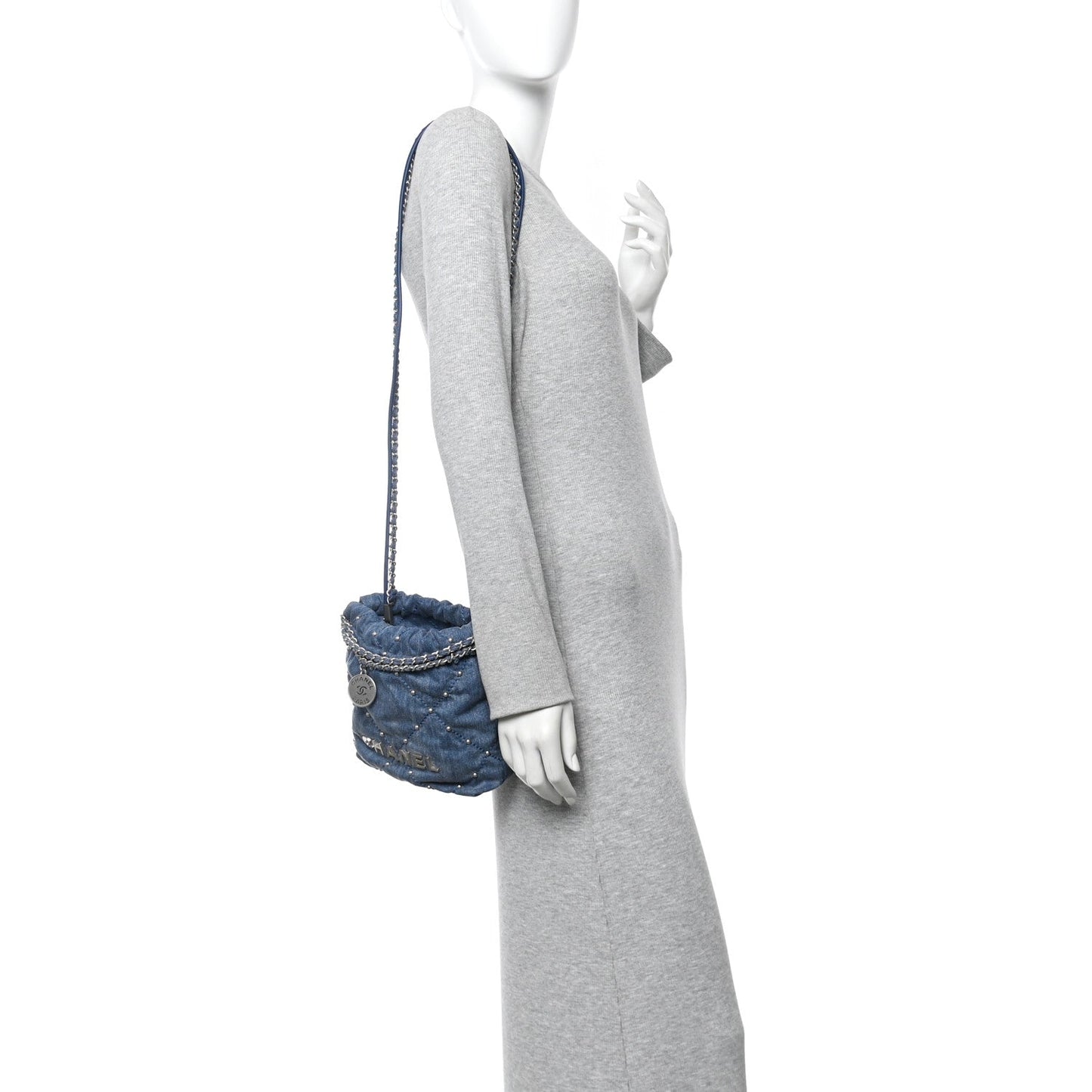 Washed Denim Quilted Studded Mini Chanel 22 Blue