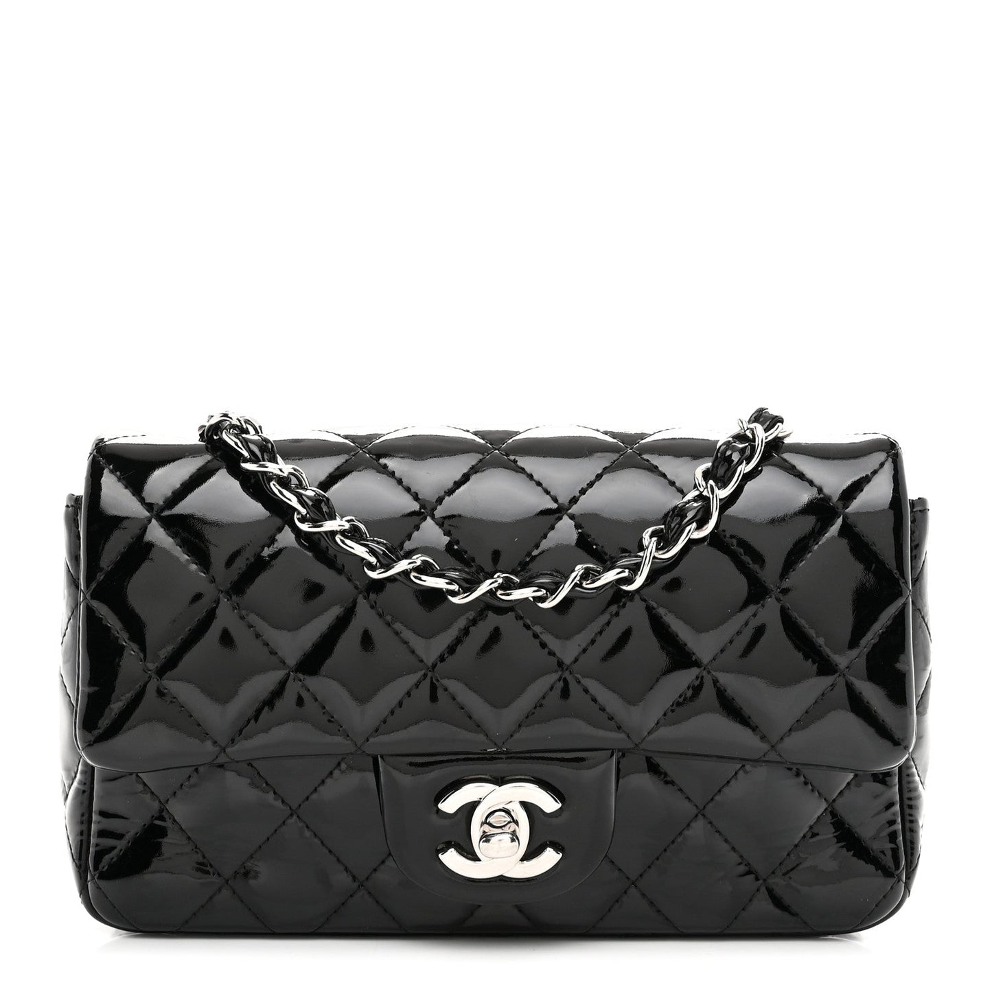 Patent Calfskin Quilted Mini Rectangular Flap Black